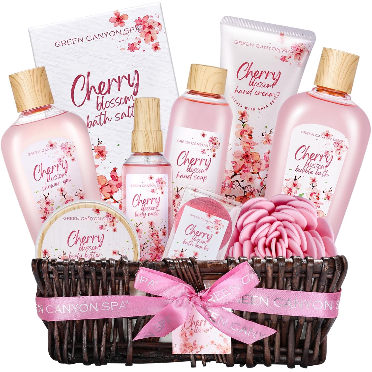 Green Canyon Spa Birthday Gifts for Women 11 Pcs Cherry Blossom Spa Gift Baskets Gift for Mom Her Friend Sister Wife Mothers Day Gifts for Her Bath and Body Gift Sets Presents for Her