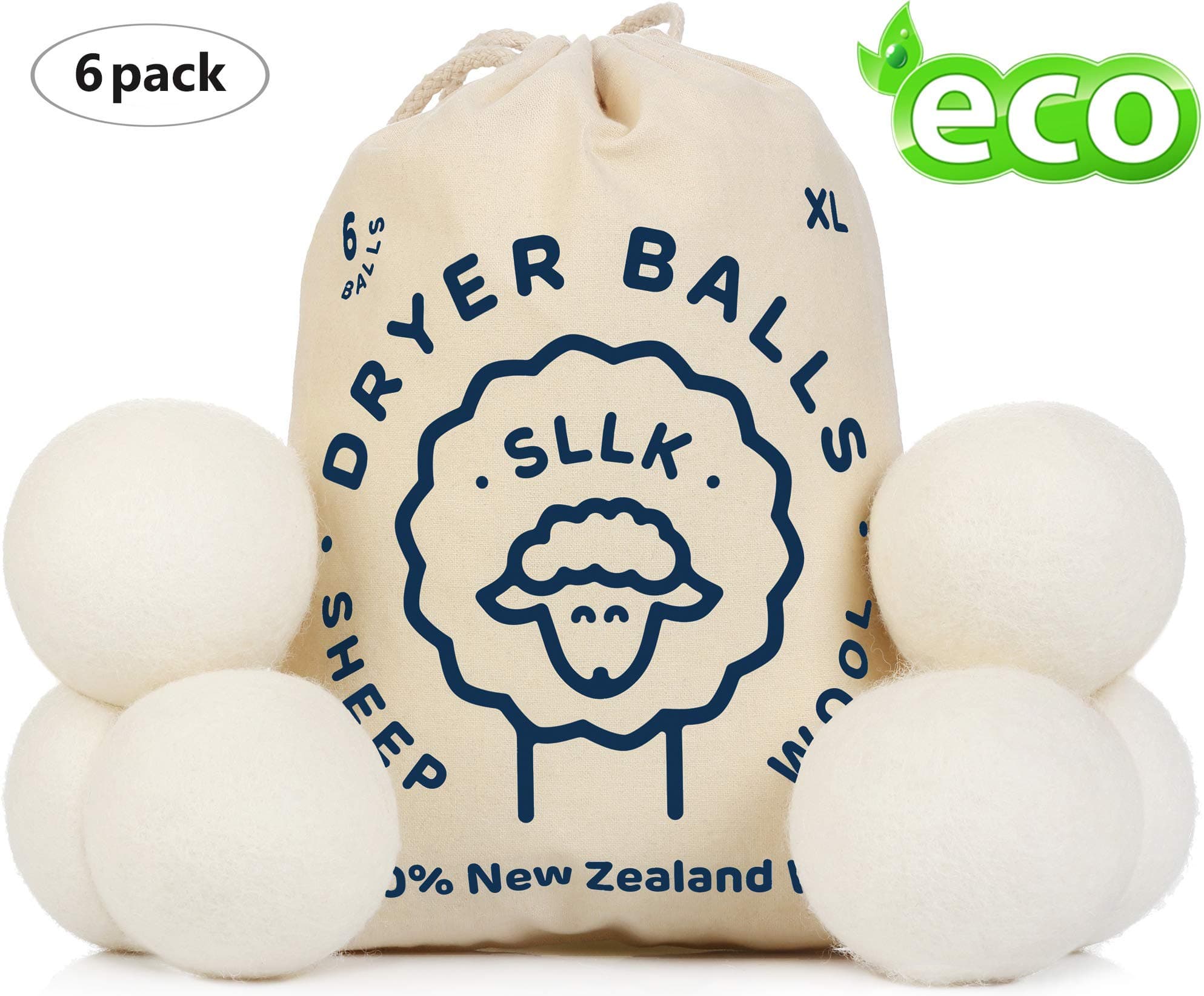 Wool Dryer Balls Organic - Exсlusive New 2018 - Wool Laundry Balls - Wool Dryer Sheets - Dryer Balls Laundry - Clothes Dryer Balls - Natural Fabric Softener Pack 6 New Zealand Wool White