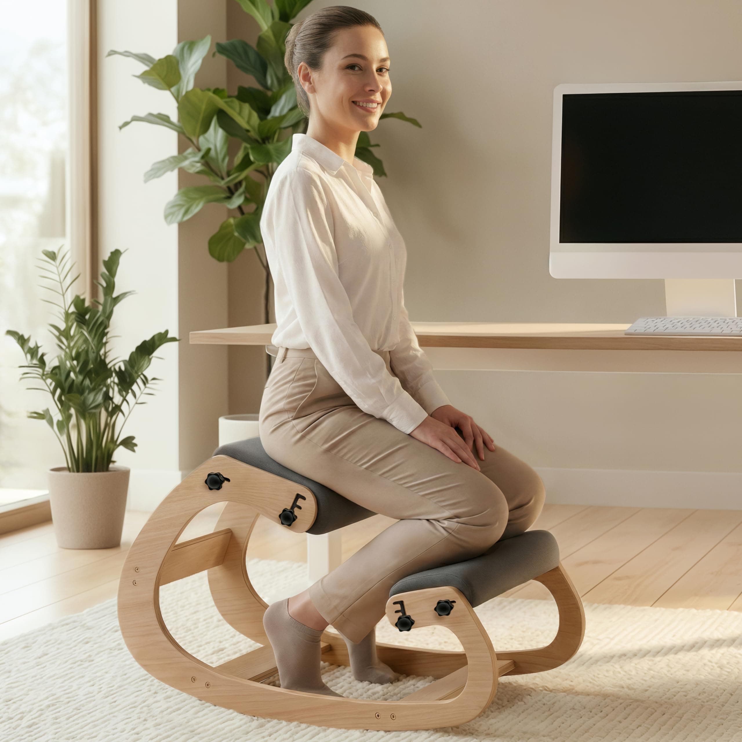 NYPOT Ergonomic Kneeling Chair - Rocking Office Chair Adjustable Stool - Knee Chair Posture Chair - Wooden Desk Chair, Ergonomic Chair for Home Office, Office Chair for Back Pain (Grey)