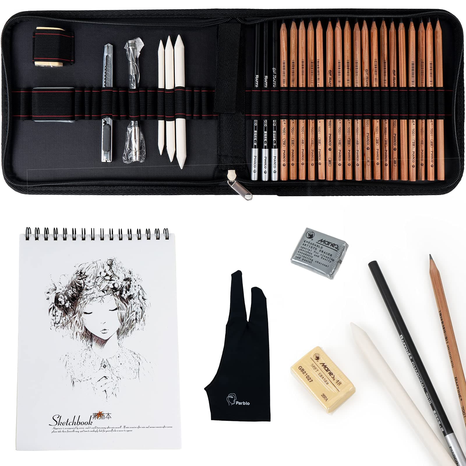 Arrtx 31 Pieces Professional Art Supplies Kit with Graphite Pencils, Charcoal Pencils, with 50 Sheets Large Size Sketchbook, Blending Stumps, Portable Carry Case for Sketching Drawing-Lightwish