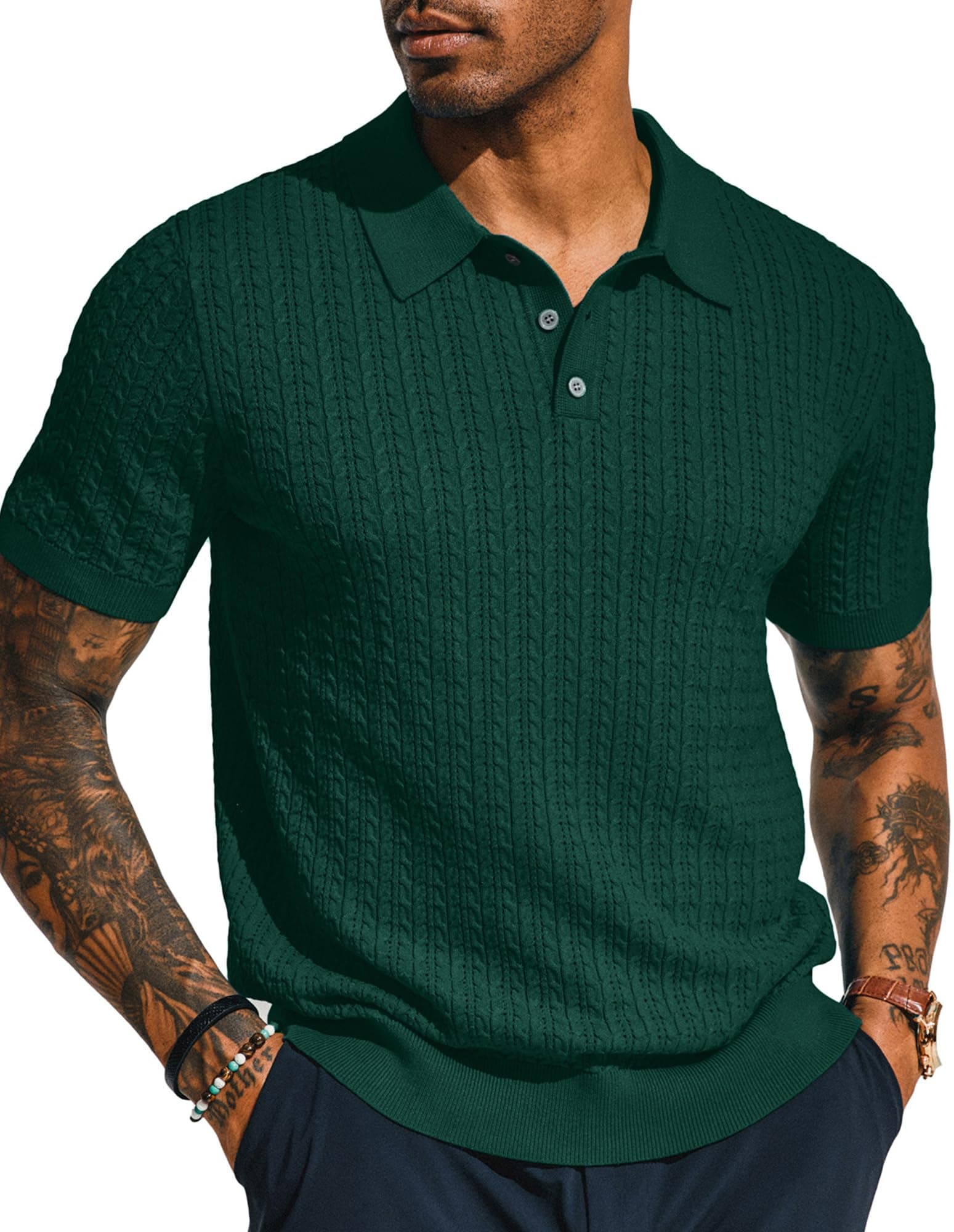 PJ PAUL JONES Mens Knit Polo Shirt Short Sleeve Hollow Out Knit Shirt Texture Knitted Polo