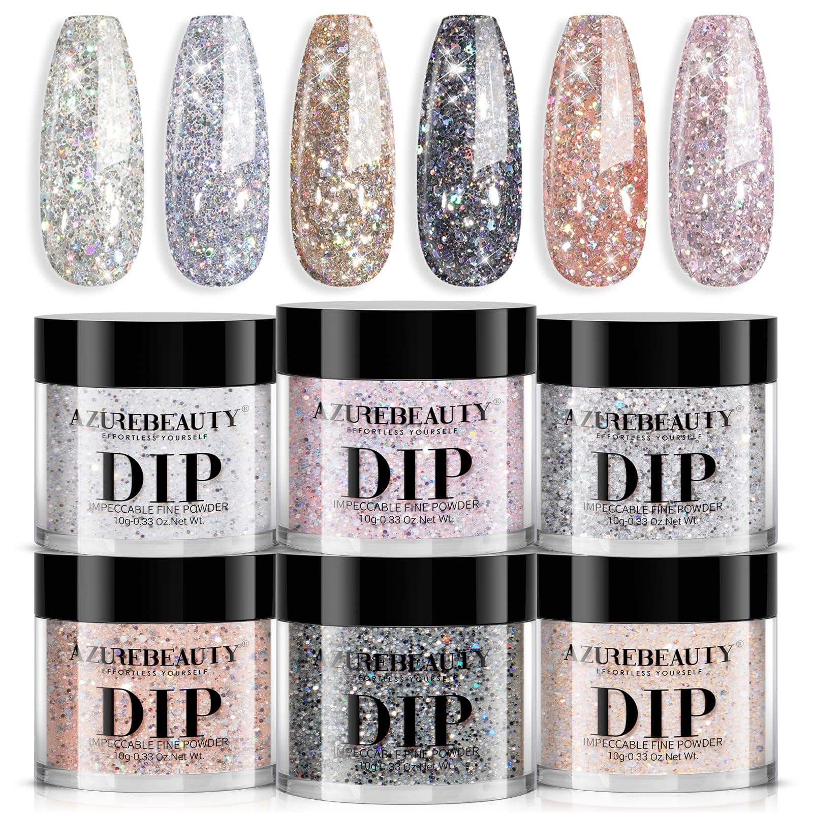 AZUREBEAUTY Dip Powder Nail Set, Silver Pink Black Golden Yellow Glitter Sparkly Shiny Chrome Platinum, 6 Colors All Seasons Dipping Powder Starter Kit Nail Art Manicure Salon, No Need Nail Lamp Cured