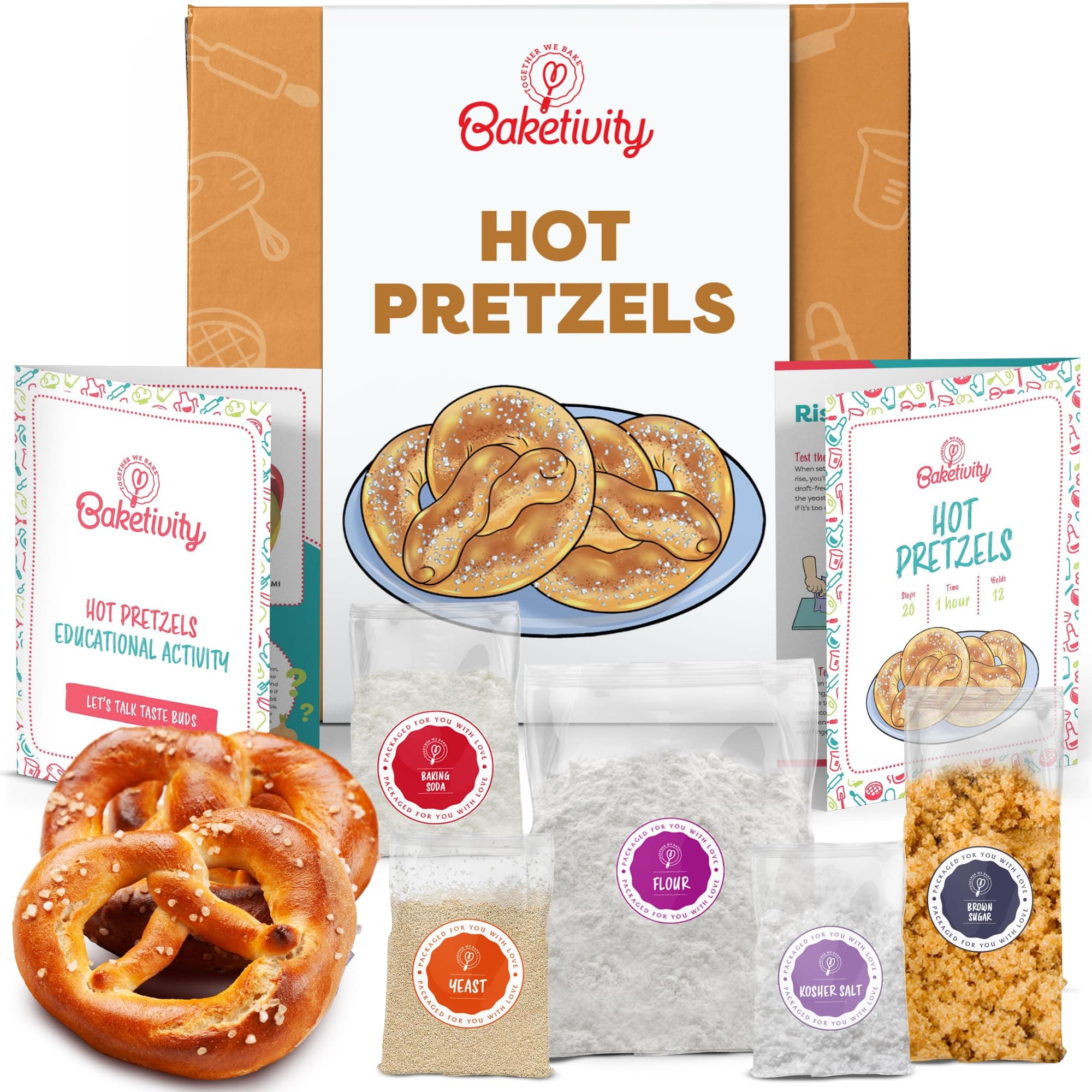 Baketivity Kids Baking Set, Meal Cooking Party Supply Kit for Teens, Real Fun Little Junior Chef Essential Kitchen Lessons, Includes Pre-Measured Ingredients (Baketivity Kit, Pretzel)