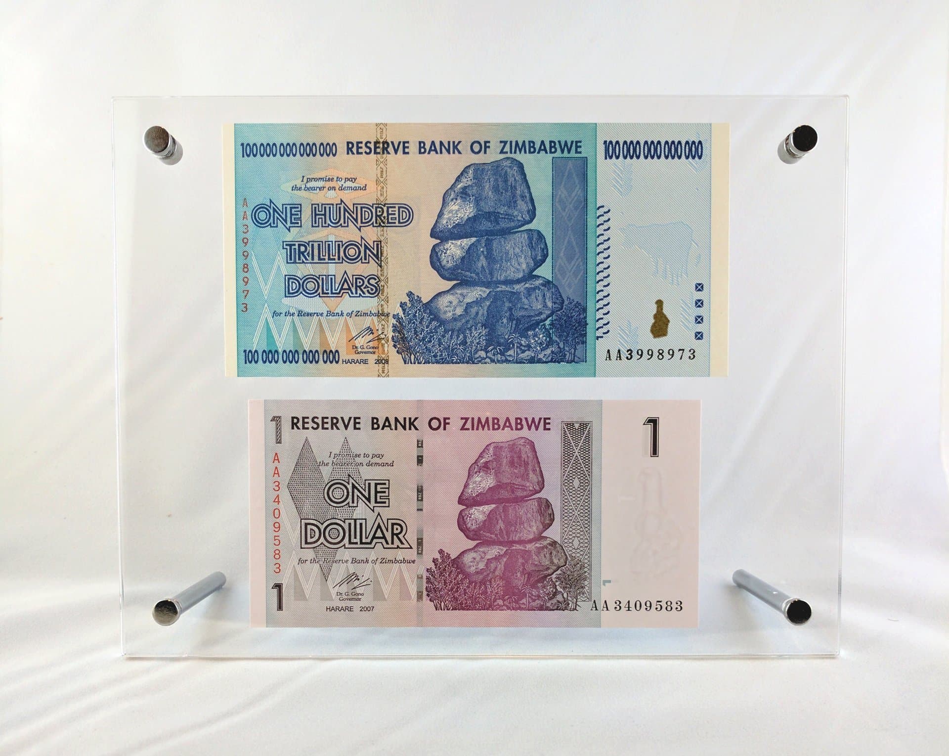 Zimbabwe 1 and 100 Trillion Dollar Currency Notes World Record Framed Collectors Set