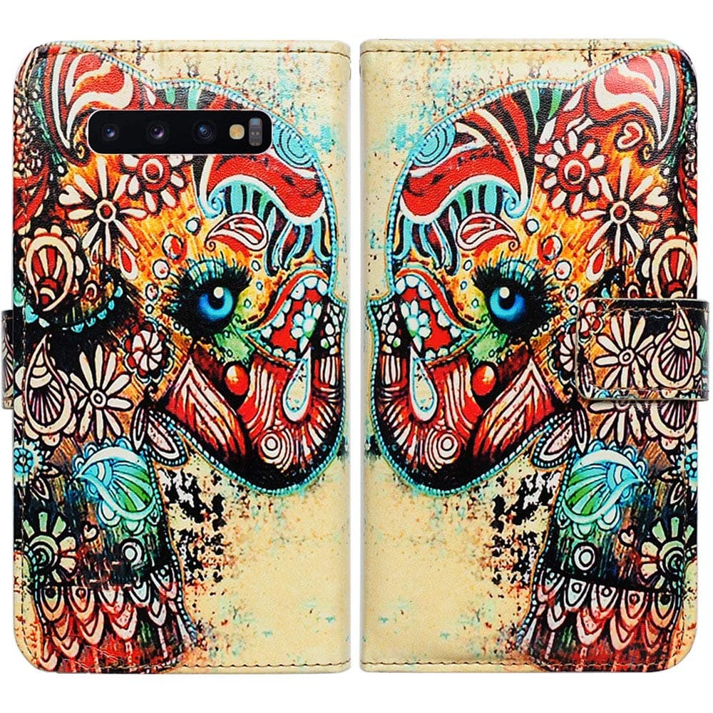 Galaxy S10 Plus Case, Bcov Tribal Floral Elephant Flower Leather Flip Wallet Case Cover with Card Slot Holder Kickstand for Samsung Galaxy S10 Plus/S10+