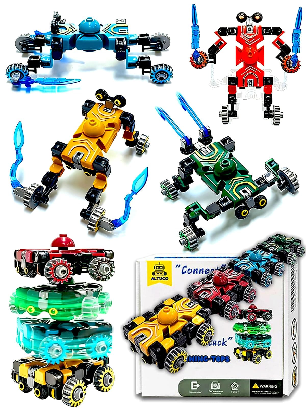 4-Pack Transformable Fidget Spinners for Kids,DIY Transforming Car & Robot Fidget Toys,Easter Basket Stuffers Gifts,Stress Relief Sensory Toys for Boys