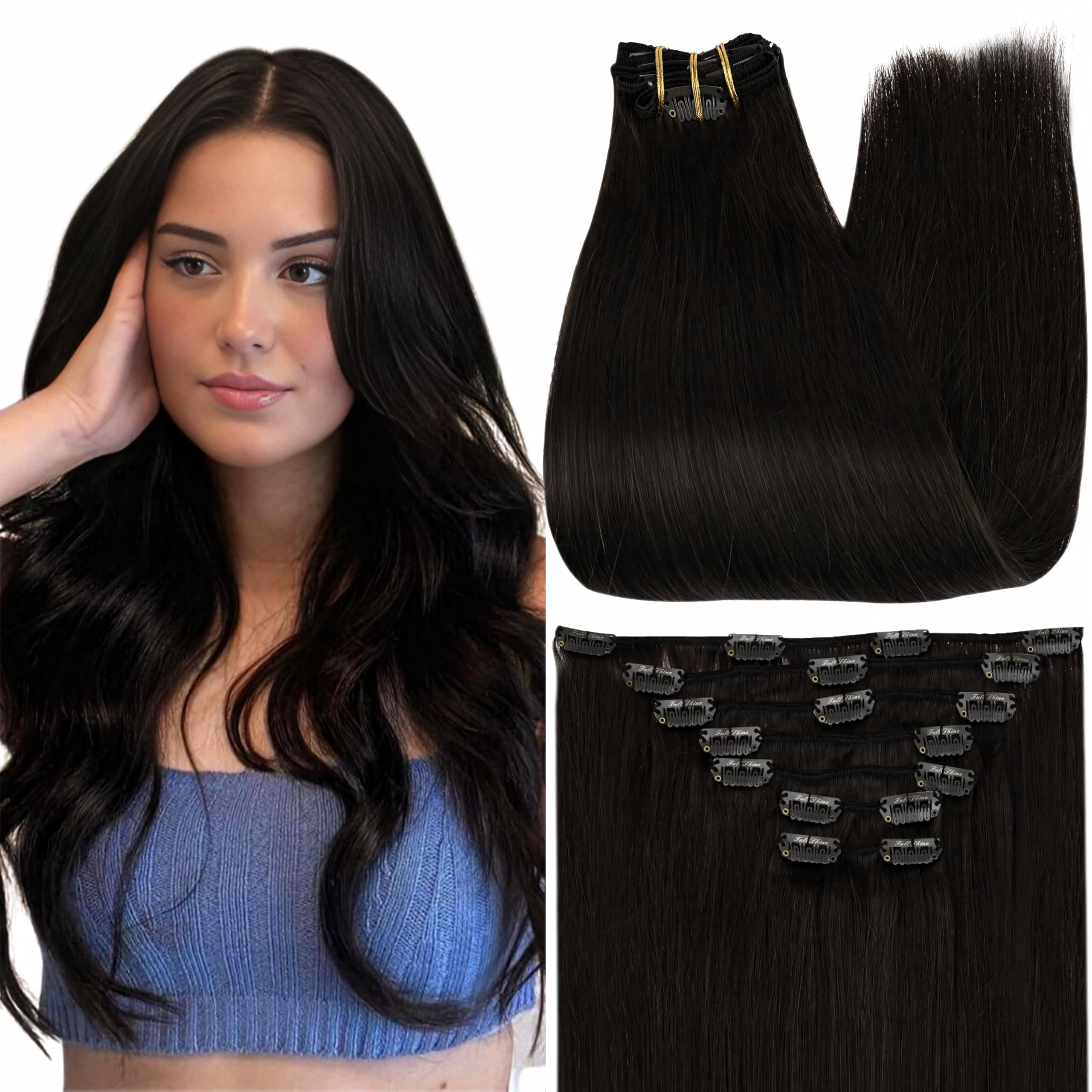 Full Shine Clip on Black Hair Extensions Real Human Hair 7 Pcs 120 Grams Remy Hair Silky Straight Clip in Hair Extensions for Black Women 16 Inch