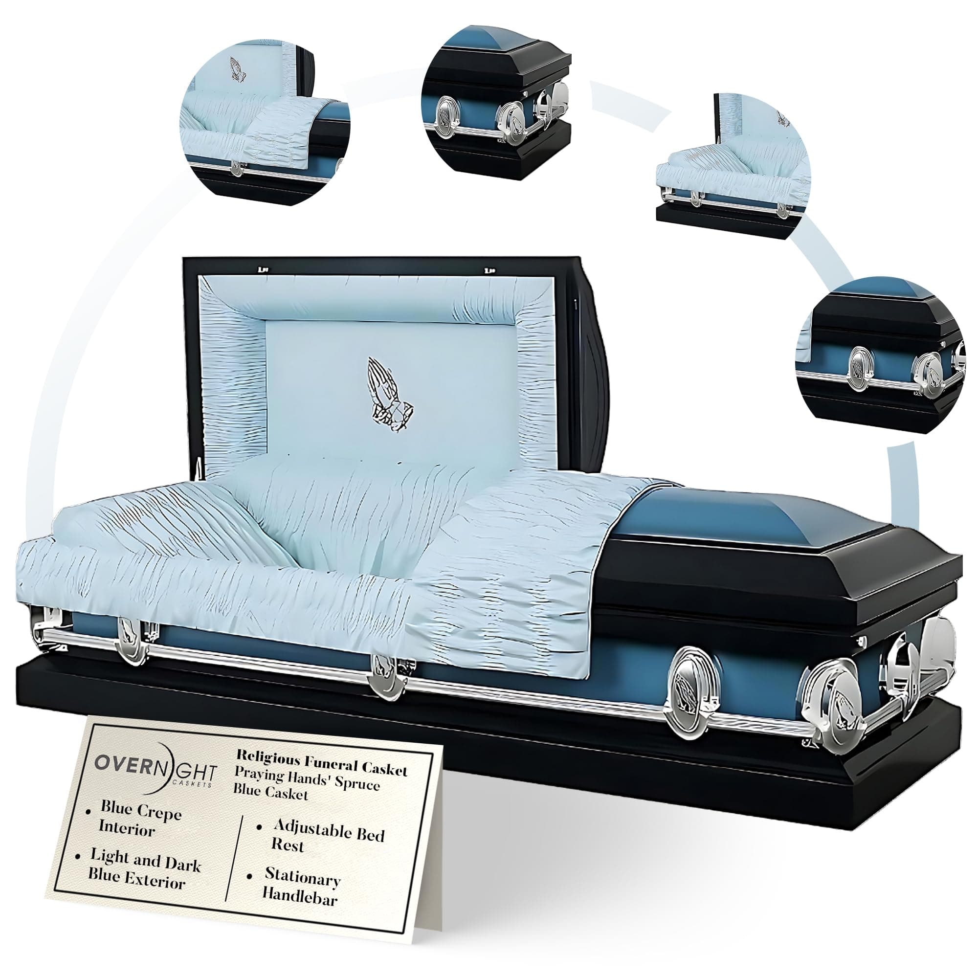 Overnight Caskets The Prayer Metal Funeral Casket with White Crepe Interior - 20 Gauge Steel - Fully Appointed Adult Casket - Coffin Featuring Crepe Interior Lining with Pillow and Throw Set