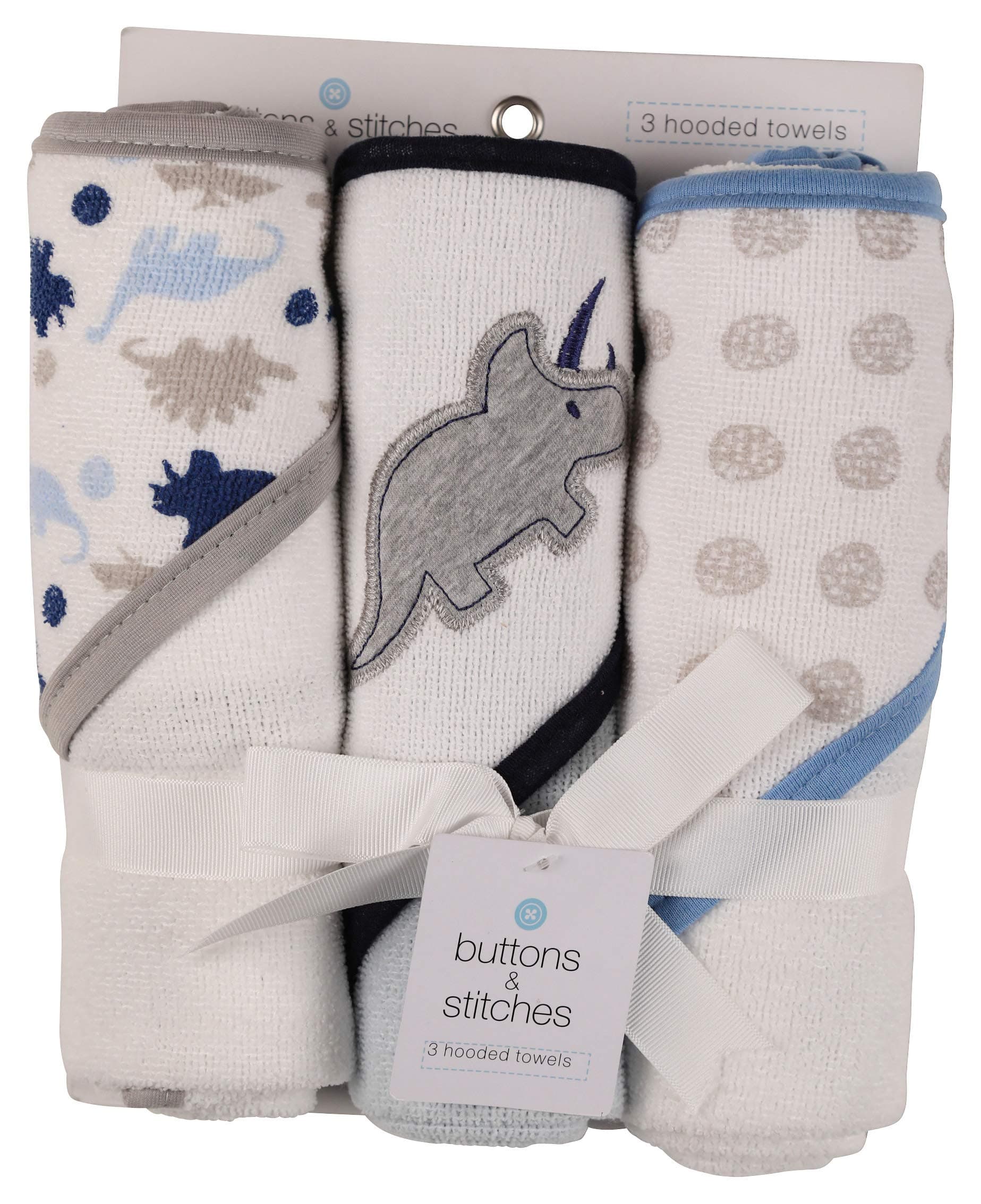 Buttons and Stitches Baby Boys 3 Pack Infant Hooded Towel, Triceratops Prints (GS71365)