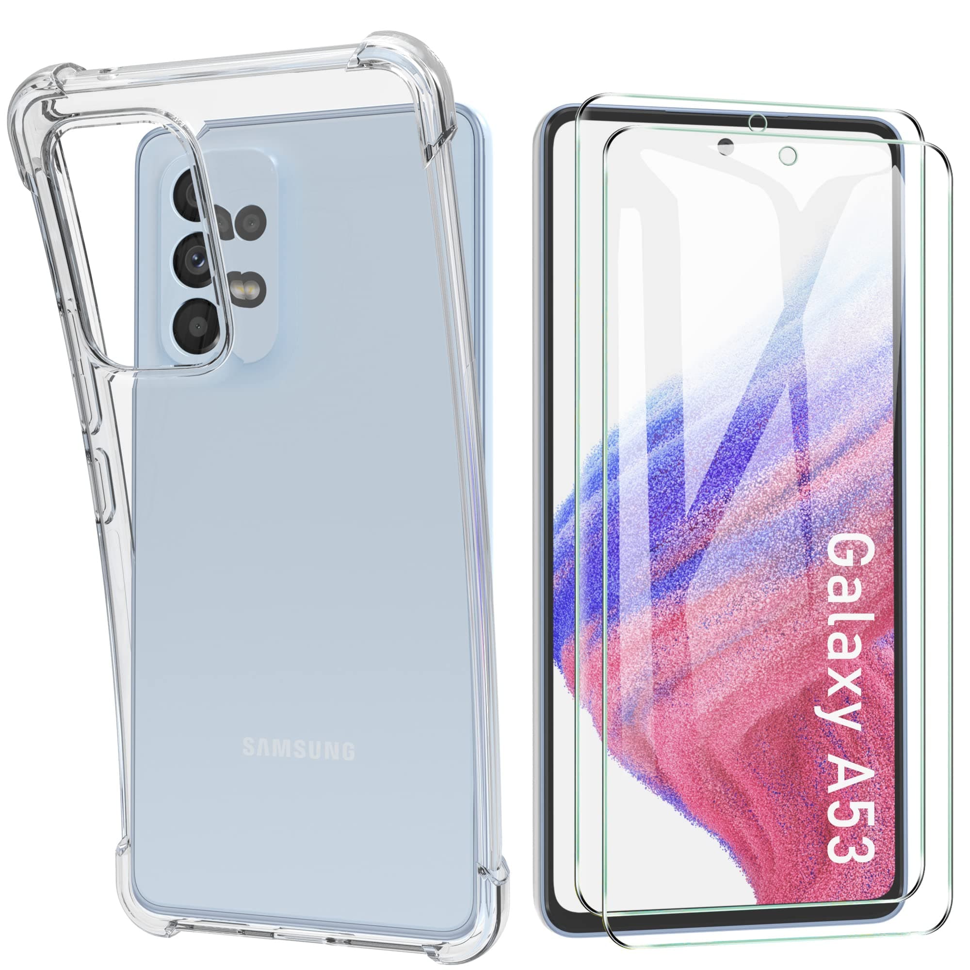 HTDELECCase for Samsung Galaxy A53 + [Pack of 2] Screen Protector, Transparent Soft Transparent Thin Mobile Phone Case with TPU Shock Absorption Bumper Case Cover for Samsung Galaxy A53 - Shockproof