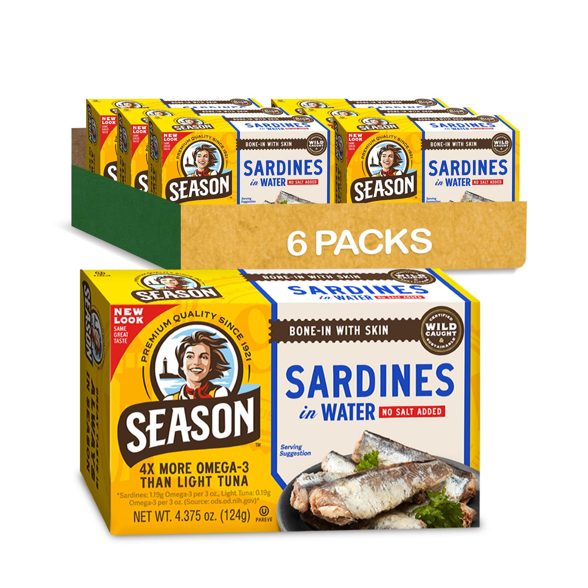 Season Sardines in Water - No Salt Added, Wild Caught, 22g of Protein, Keto Snacks, More Omega 3's Than Tuna, Kosher, High in Calcium, Canned Sardines - 4.37 Oz Tins, 6-Pack