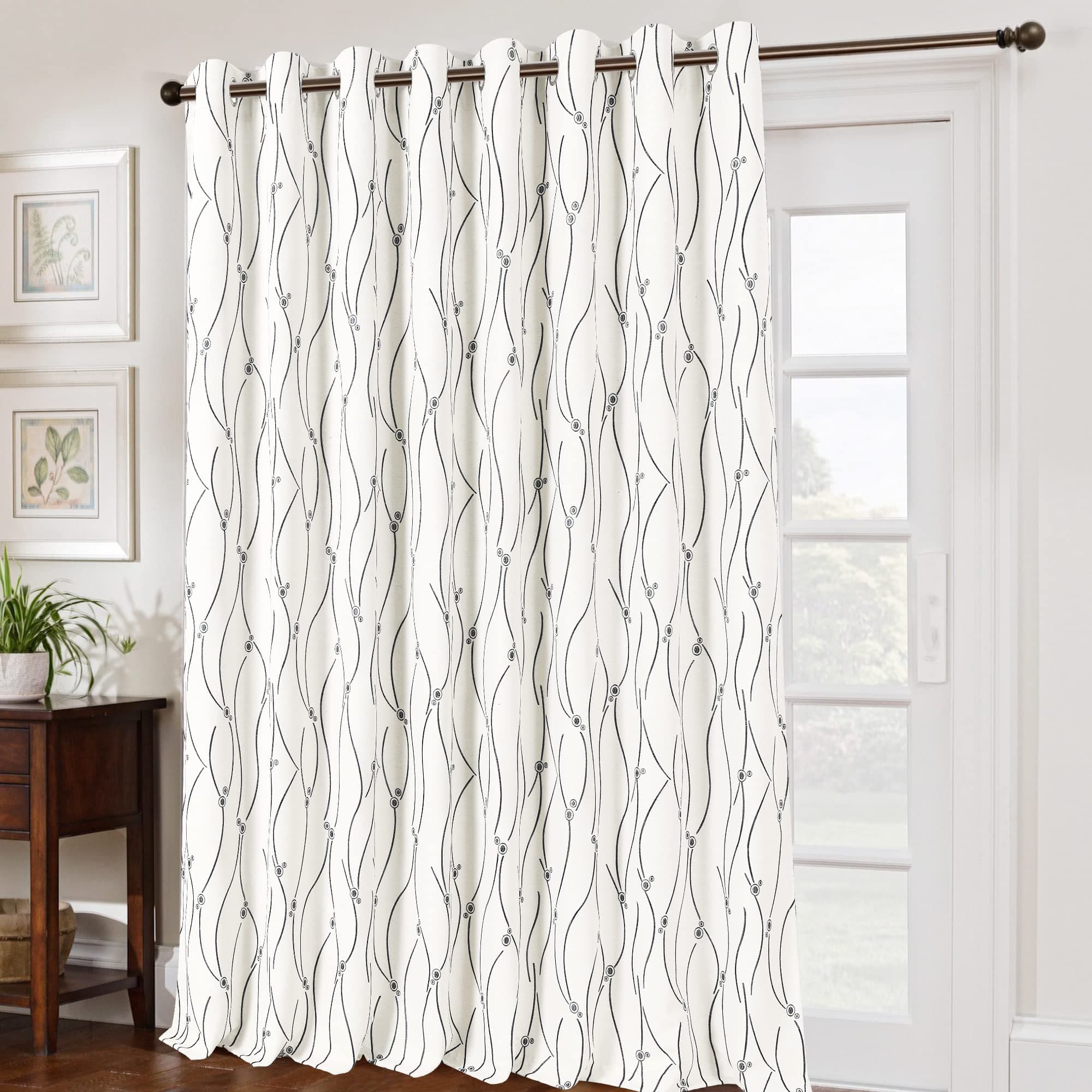 Nanspring Patio Sliding Door Curtains 100 x 108 Inches Long - Extra Wide Curtains for Glass Door, Geometric Embroidered Room Divider Curtain Panel for Bedroom Partition, Black Weave Line Dots Pattern