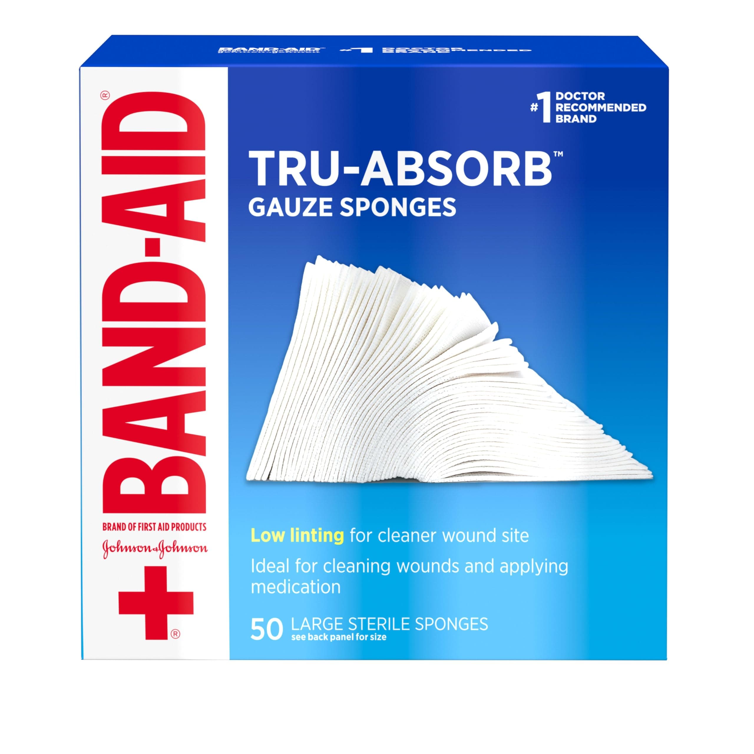 Band-Aid Brand First Aid Products Tru-Absorb Sterile Gauze Sponges for Cleaning and Cushioning Minor Wounds, Cuts & Burns, Low-Lint Design, Individually Wrapped 4 in by 4 in Pads