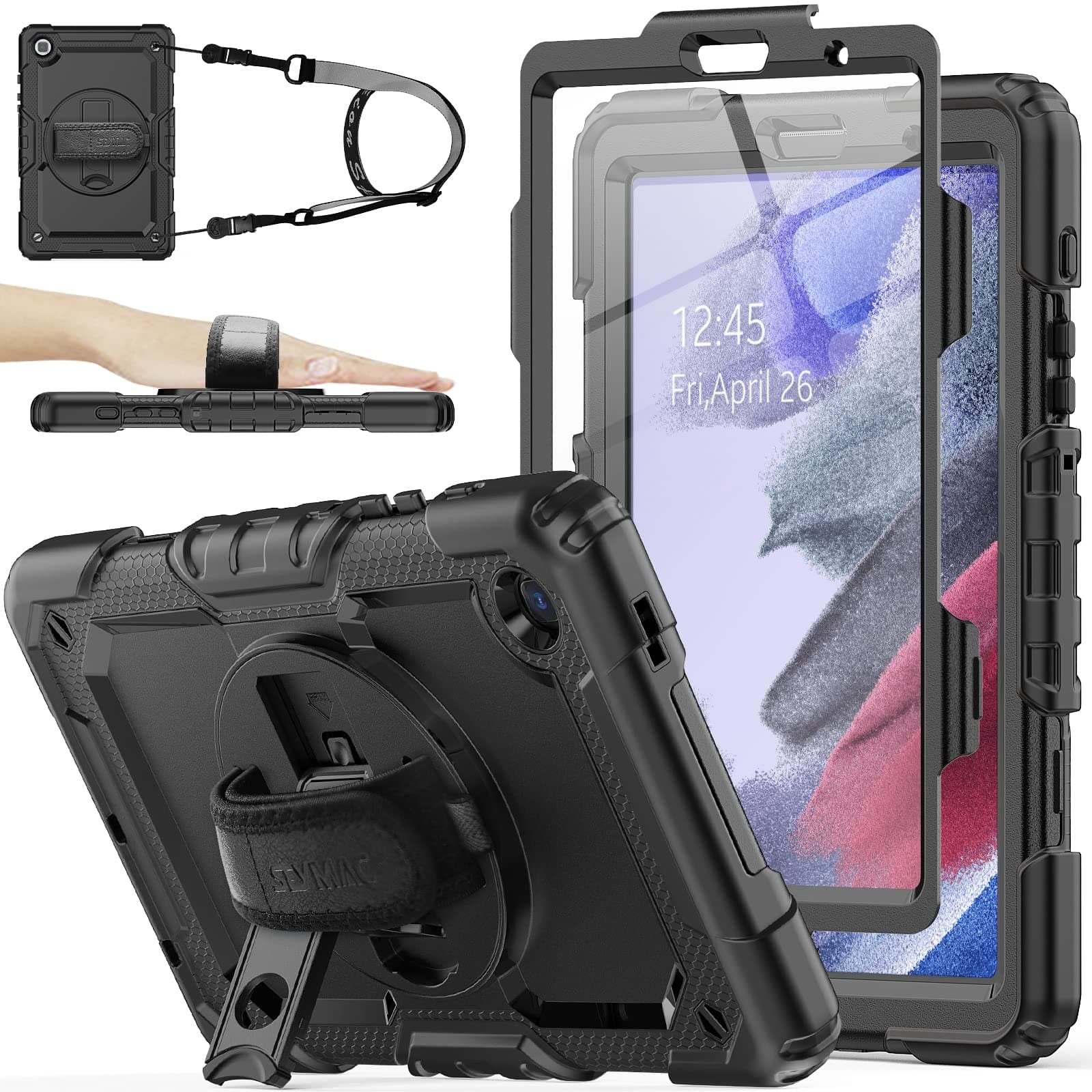 SEYMAC stock Case for Samsung Galaxy Tab A7 Lite 8.7 with Screen Protector [360 Rotating Stand] Hand Shoulder Strap Protective Case for Galaxy Tab A7 Lite 8.7'' 2021 (SM-T220/T225/T227), Black