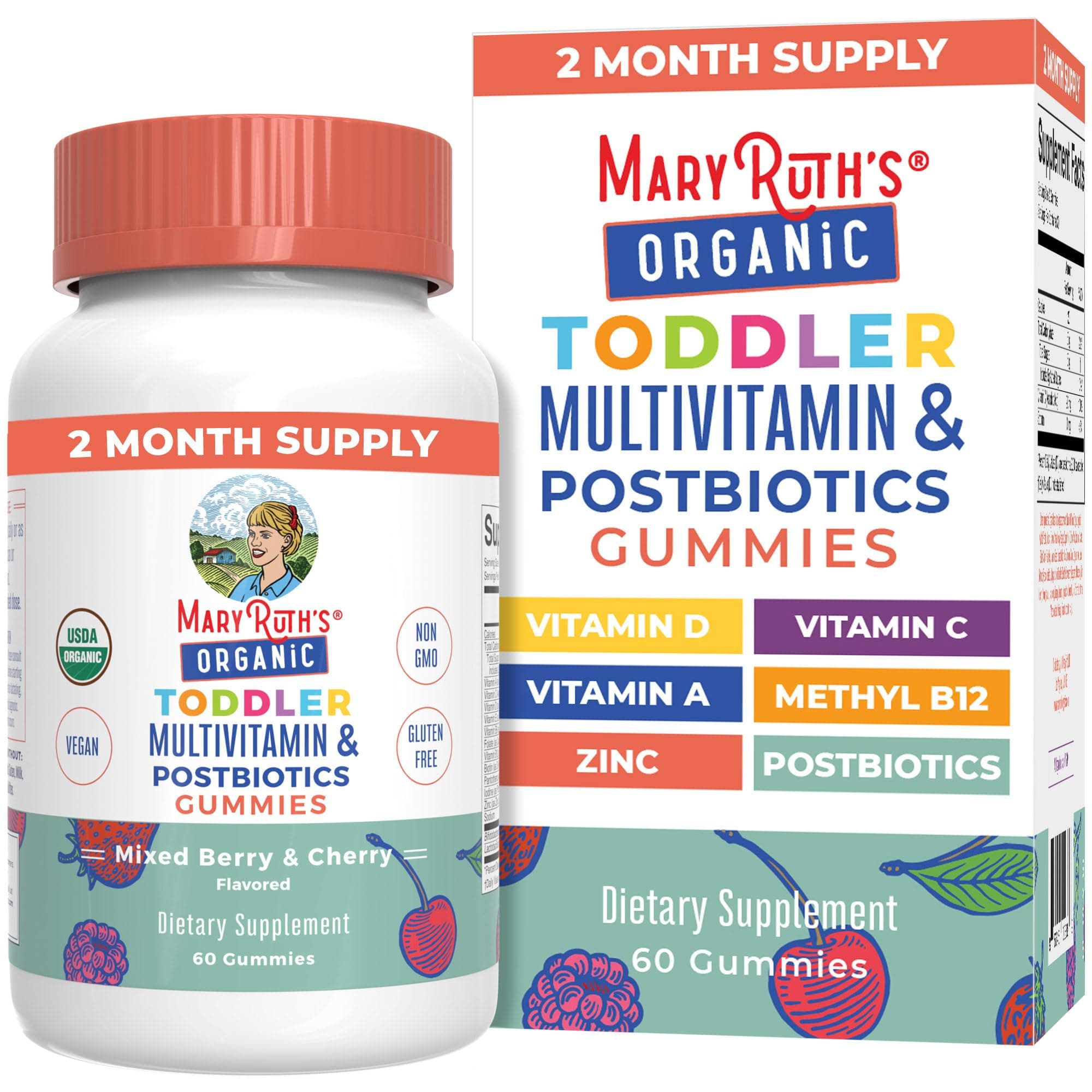 Toddler Multivitamin Gummies + Postbiotics | USDA | Kids Multivitamin + Postbiotics for Ages 2+ | Multivitamin for Kids with Lactobacillus Rhamnosus | Vegan | Non-GMO | 60 Count