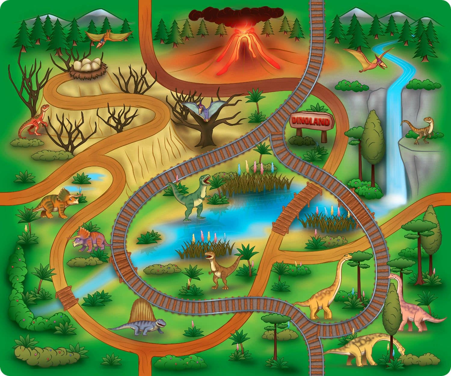 Silli Me Large Dinosaur Rubber Backed Children's Play Mat with Roads and Train Track