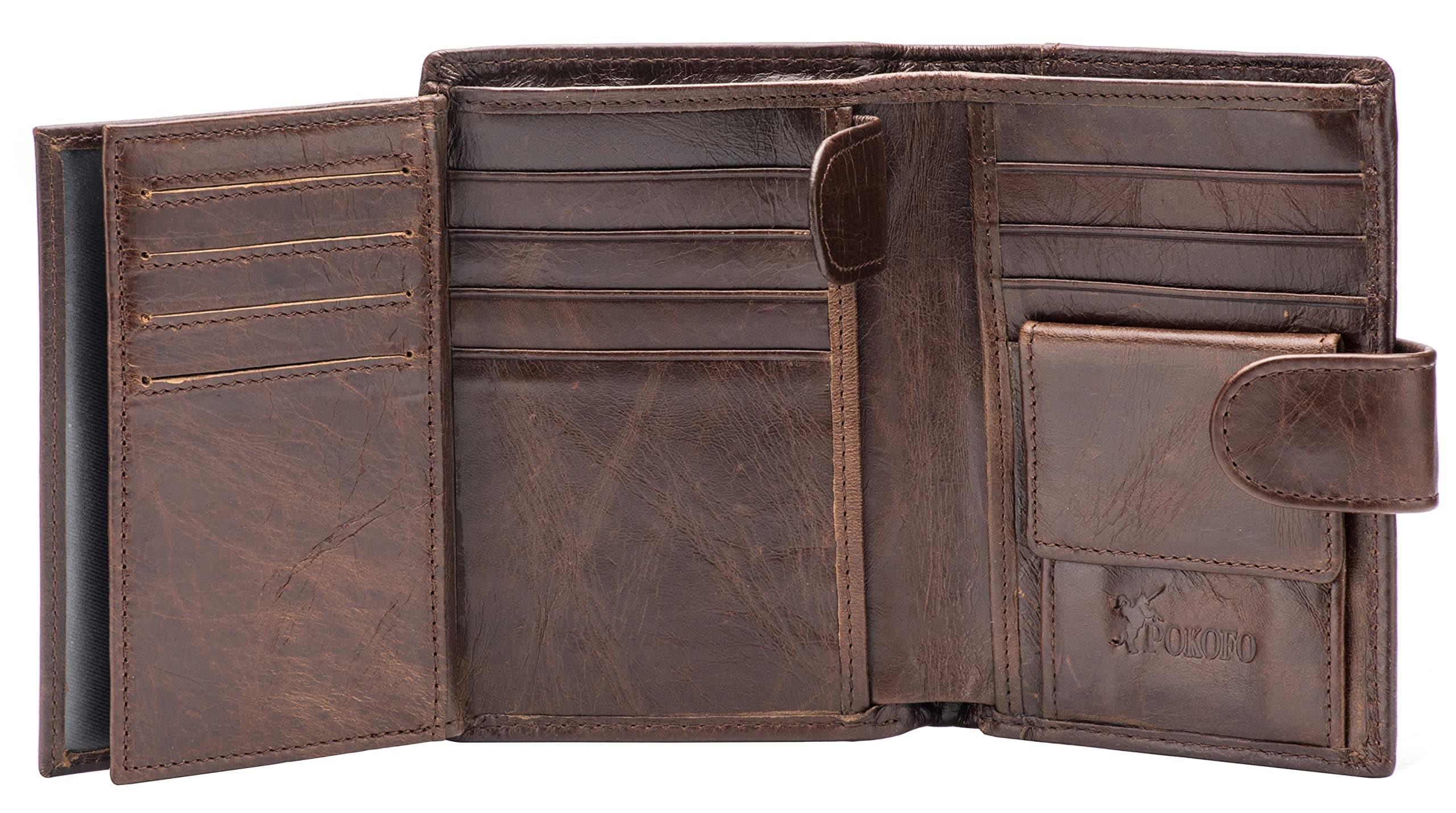 POLOFO Large RFID Genuine Leather Card Holder Trifold Wallet Snap Closure 3 ID Windows for men(Chocolate)