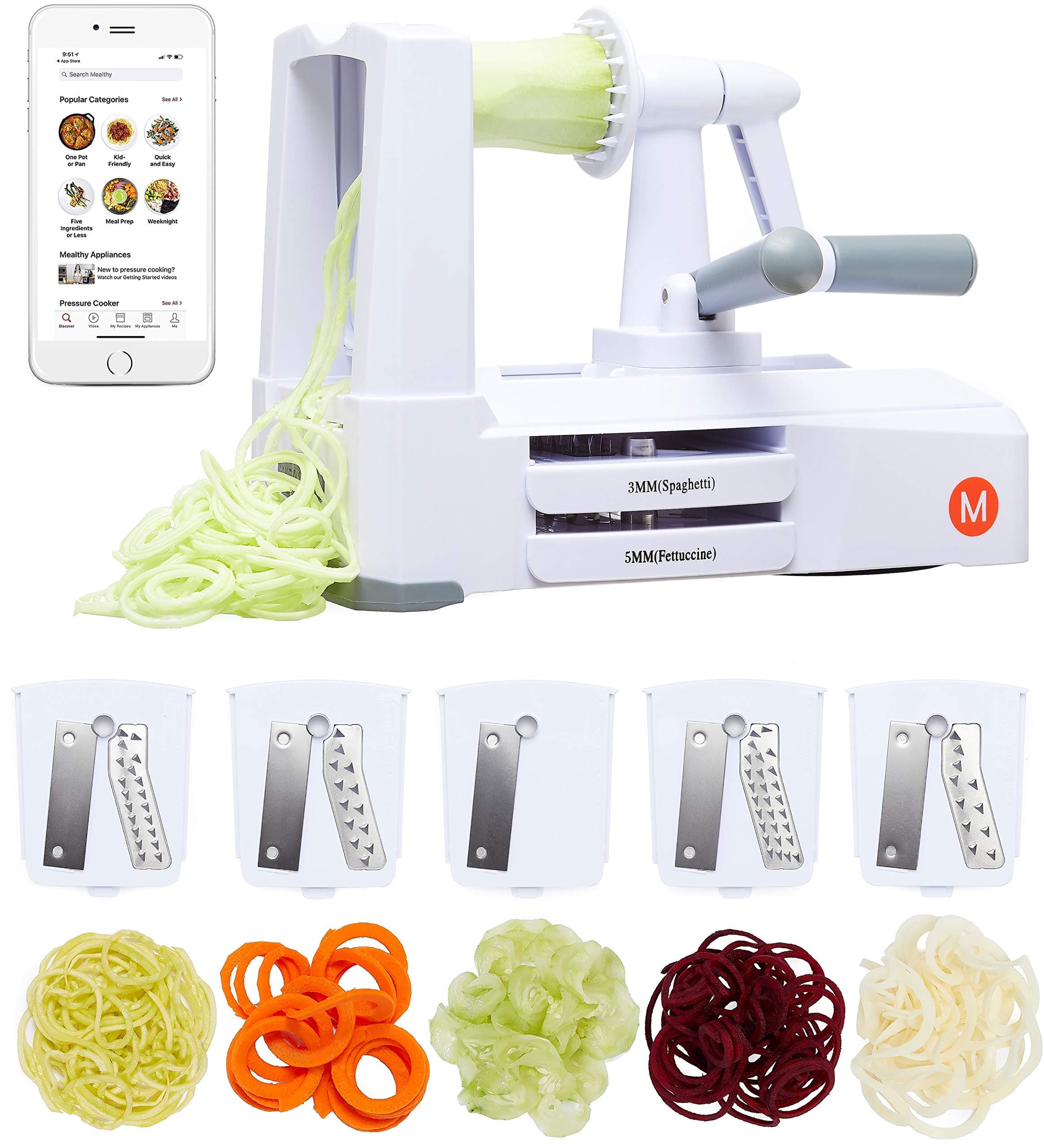 5-Blade Spiralizer | Vegetable Slicer with Durable Stainless Steel Blades | Kitchen Cooking Tool | Spiral Zoodle Maker with Catch & Store Container | Includes iOS & Android Recipe & Video App