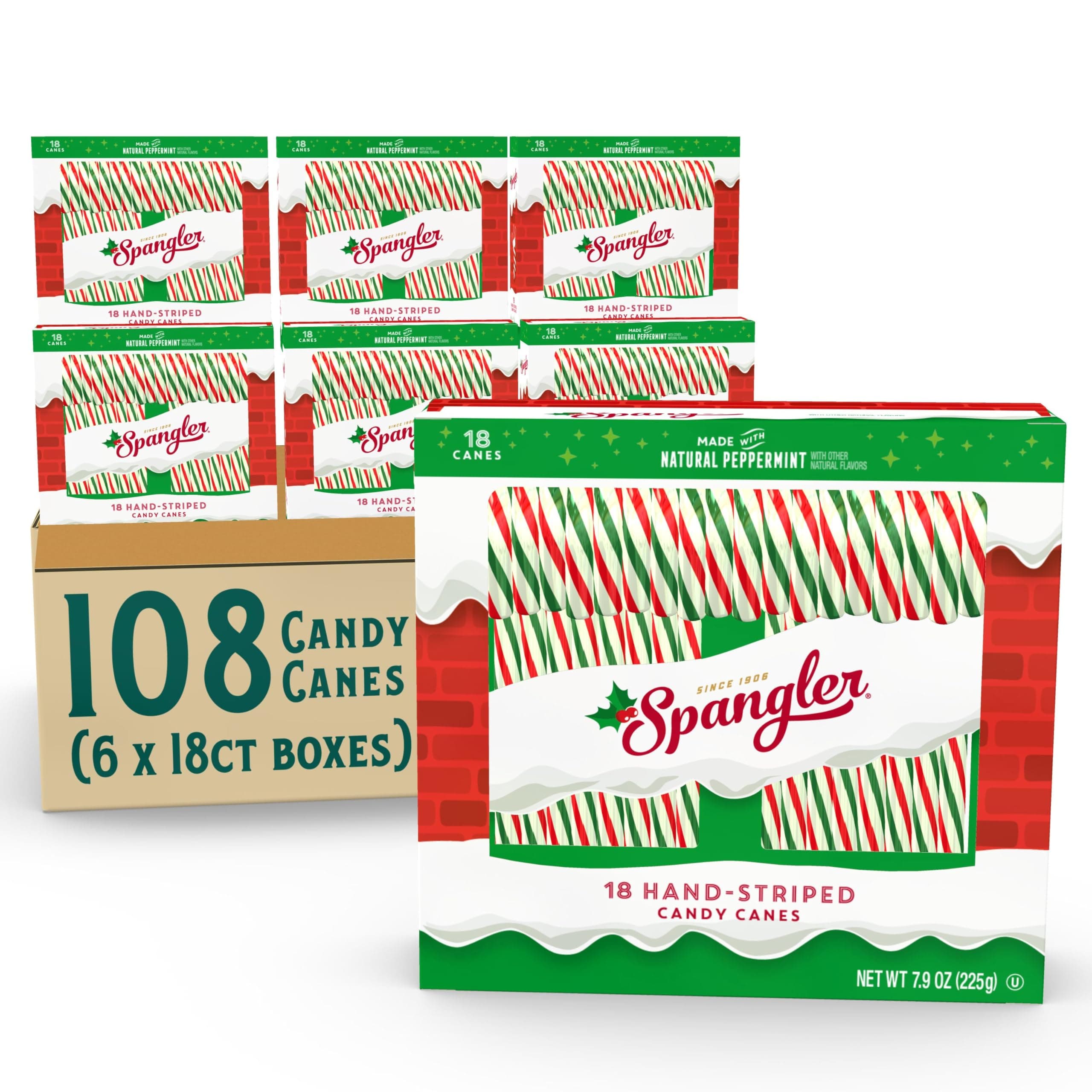 Spangler Red, Green, and White Christmas Candy Canes - Individually Wrapped Peppermint Sticks, Classic Christmas Snacks, Bulk Candy Canes, Regular Size - 108 Count (6x18 Ct. Boxes)