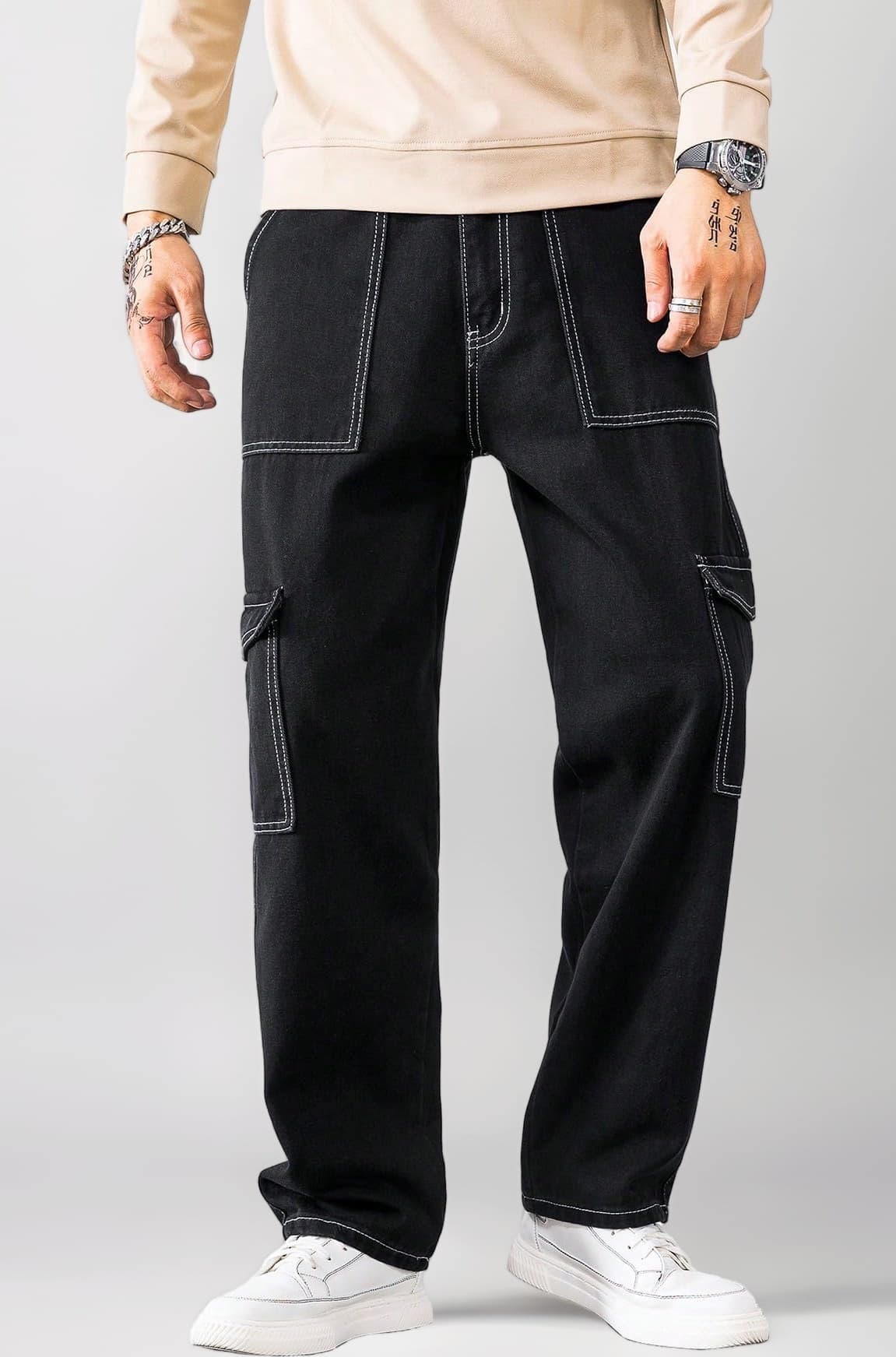 Bell-Bottom Men Cargo Jeans II Men Cargo Pants II Denim Cargo for Men II Cotton Pant II Wide Legs II Flap Pockets II Cargo for Men (Jeans-119)