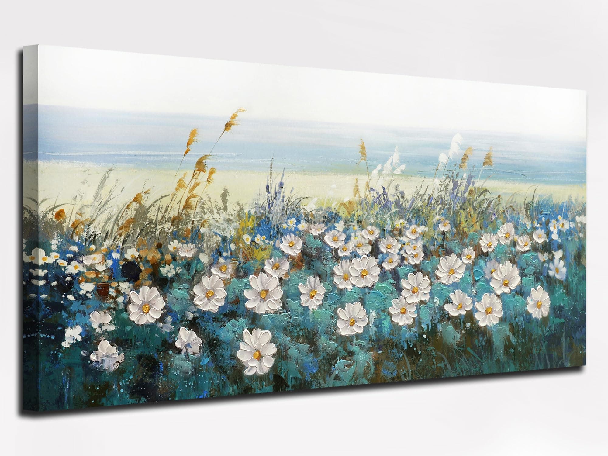 Arjun Flower Wall Art for Living Room, Teal Bedroom Canvas Daisy Floral Painting Landscape Picture Artwork Large Textured Office Home Dining Room Kitchen Wall Decor 40"x20"