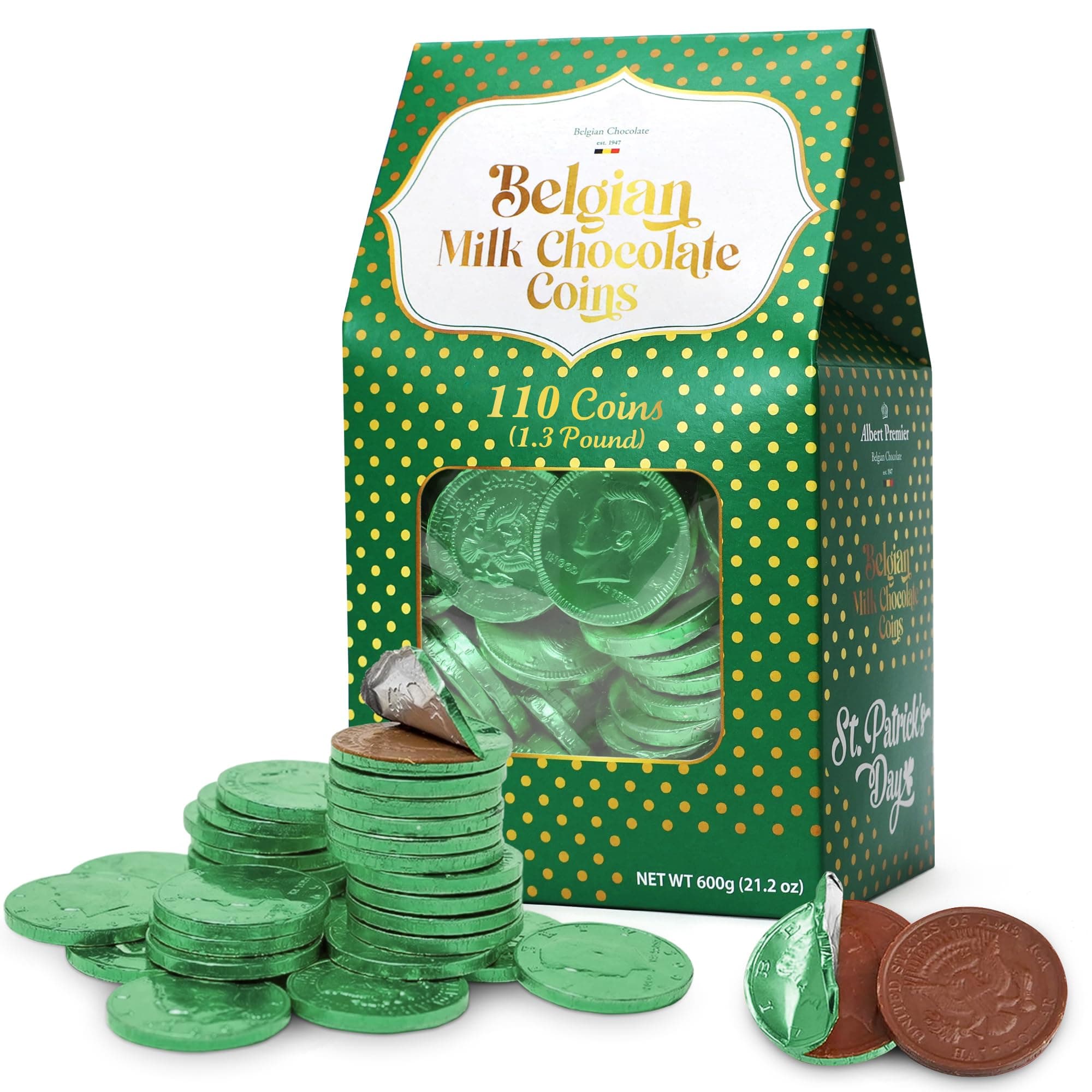 Belgian Chocolate Coins Bulk Pack - Approx. 110 Green Foil Wrapped Milk Chocolate Coins Candy For Party Favors, Gift Bags & Treats