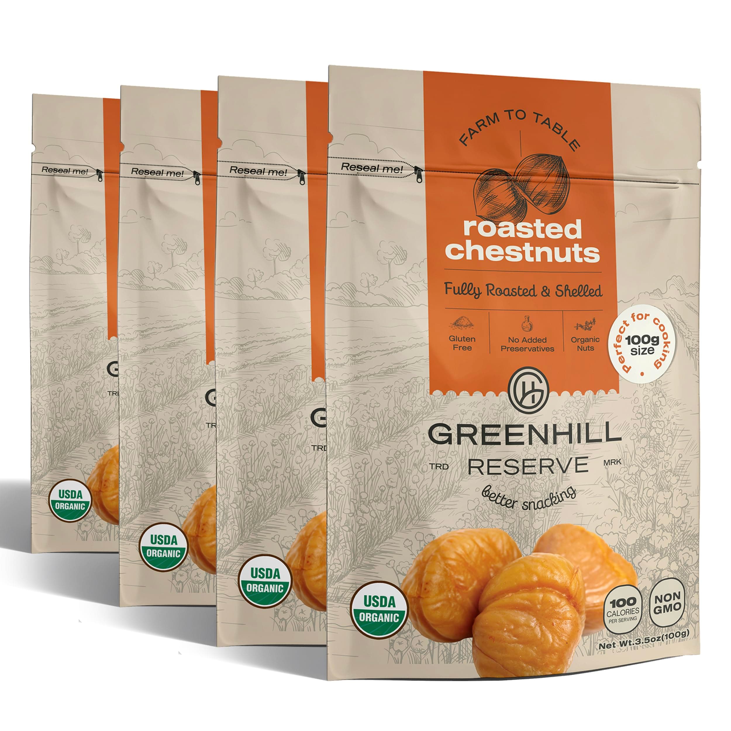 GreenHill Reserve Organic Whole Peeled Roasted Chestnuts, Ready to Eat, 3.6oz (4 pack) Vegan, Gluten Free, Great for Cooking, Baking and Snacking, Resealable BagUSDA Organic