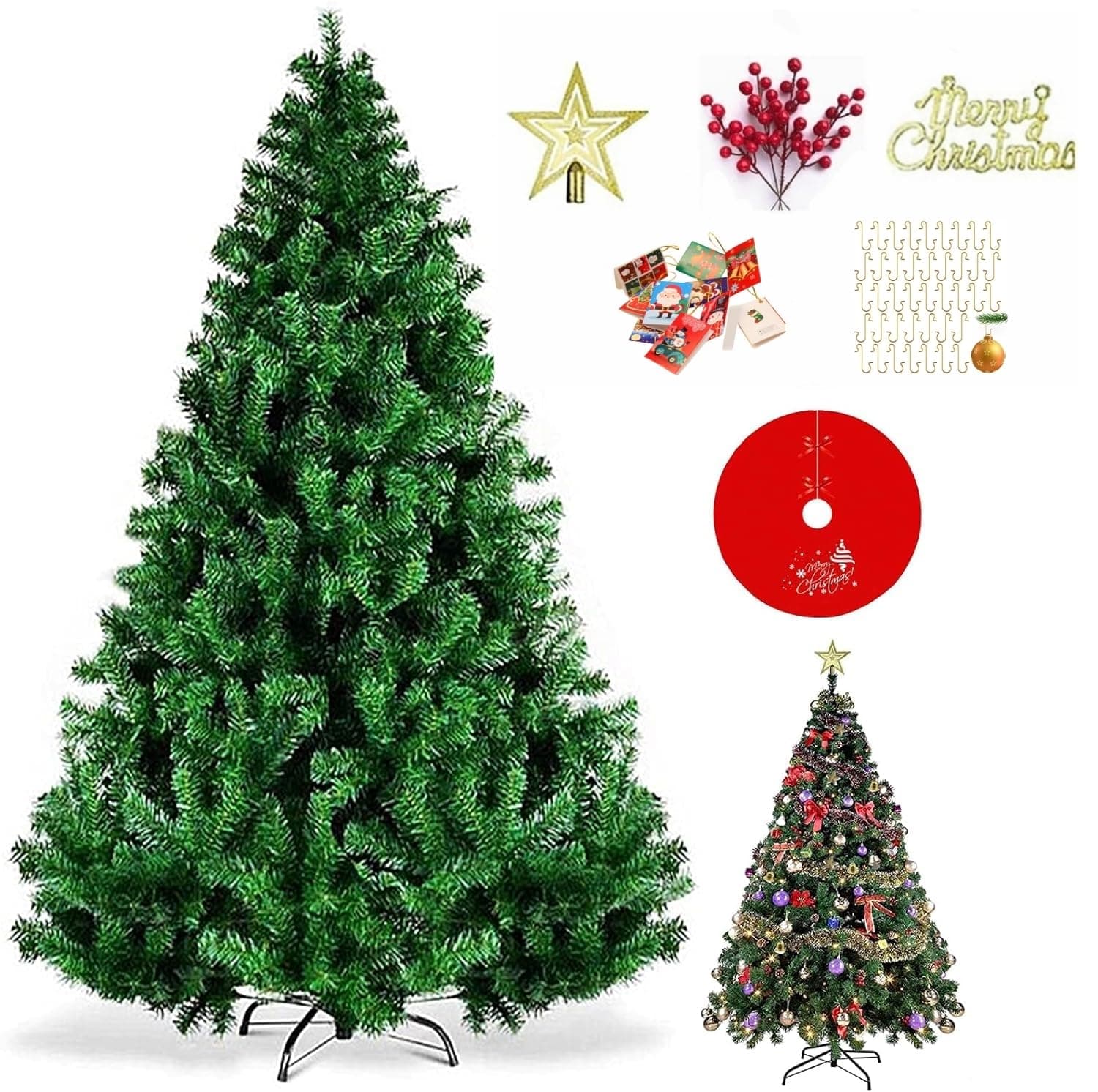 SINCHER Artificial Christmas Tree, 6ft Holiday Xmas Tree 1250 Branch Tips, Easy Assembly, Iron Stand, for Home,Including 6 Different Decorations