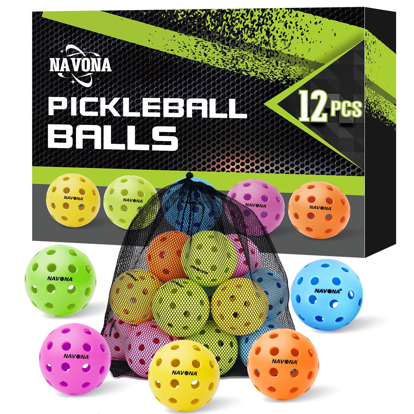 Navona 12 Pack Premium 40-Holes Colorful Outdoor Pickleball Balls, Meet USAPA Official Requirement, Perfectly Balanced, High Bounce True Flight, Durable Outdoor Pickleball Set