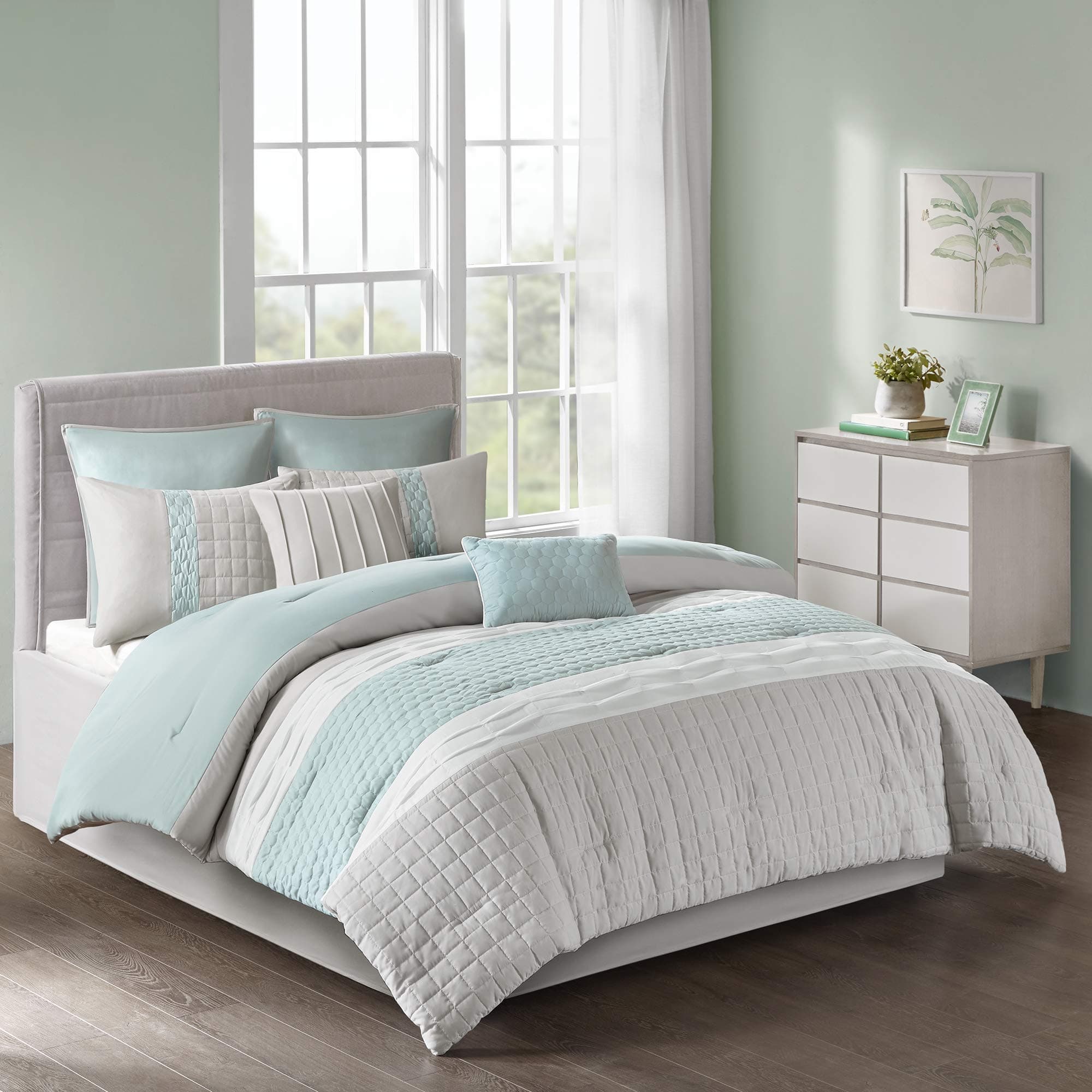 510 DESIGN Cozy Comforter Set - Geometric Honeycomb Design, All Season Down Alternative Casual Bedding with Matching Shams, Decorative Pillows, Full/Queen (90"x90"), Seafoam/Grey 8 Piece
