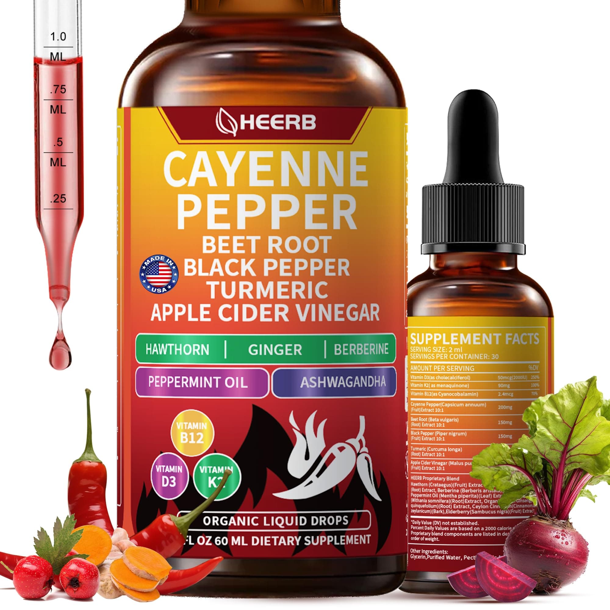 Cayenne Pepper Drops Vascu Flow Drops with Beet Root Black Pepper Turmeric Vitamin D3 K2 Cayenne Pepper Supplements for Metabolism Circulation Heart Health, Beetroot Flavor, 2 Fl Oz 60 ml