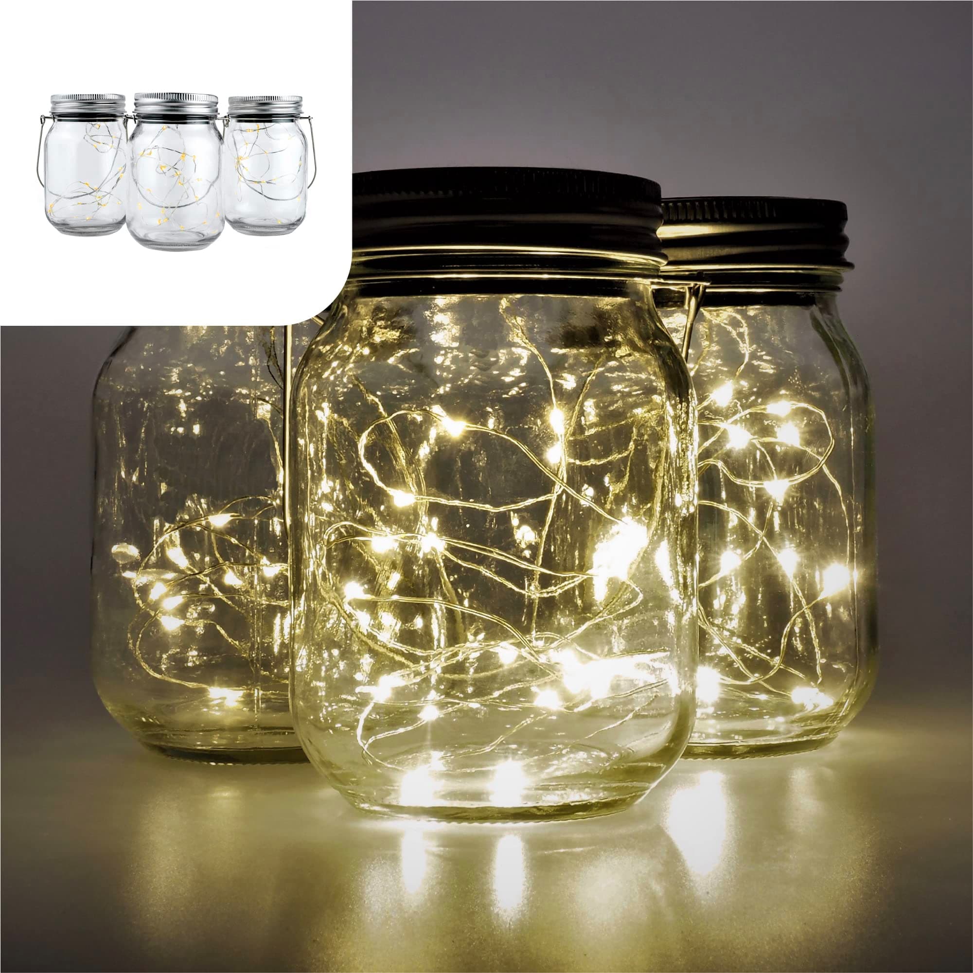 Gadgy Solar Mason Jar Lights - Set of 3 Outdoor Table Lights - 20 LED Fairy Solar Lantern for Garden, Patio or Balcony [Energy Class A++]