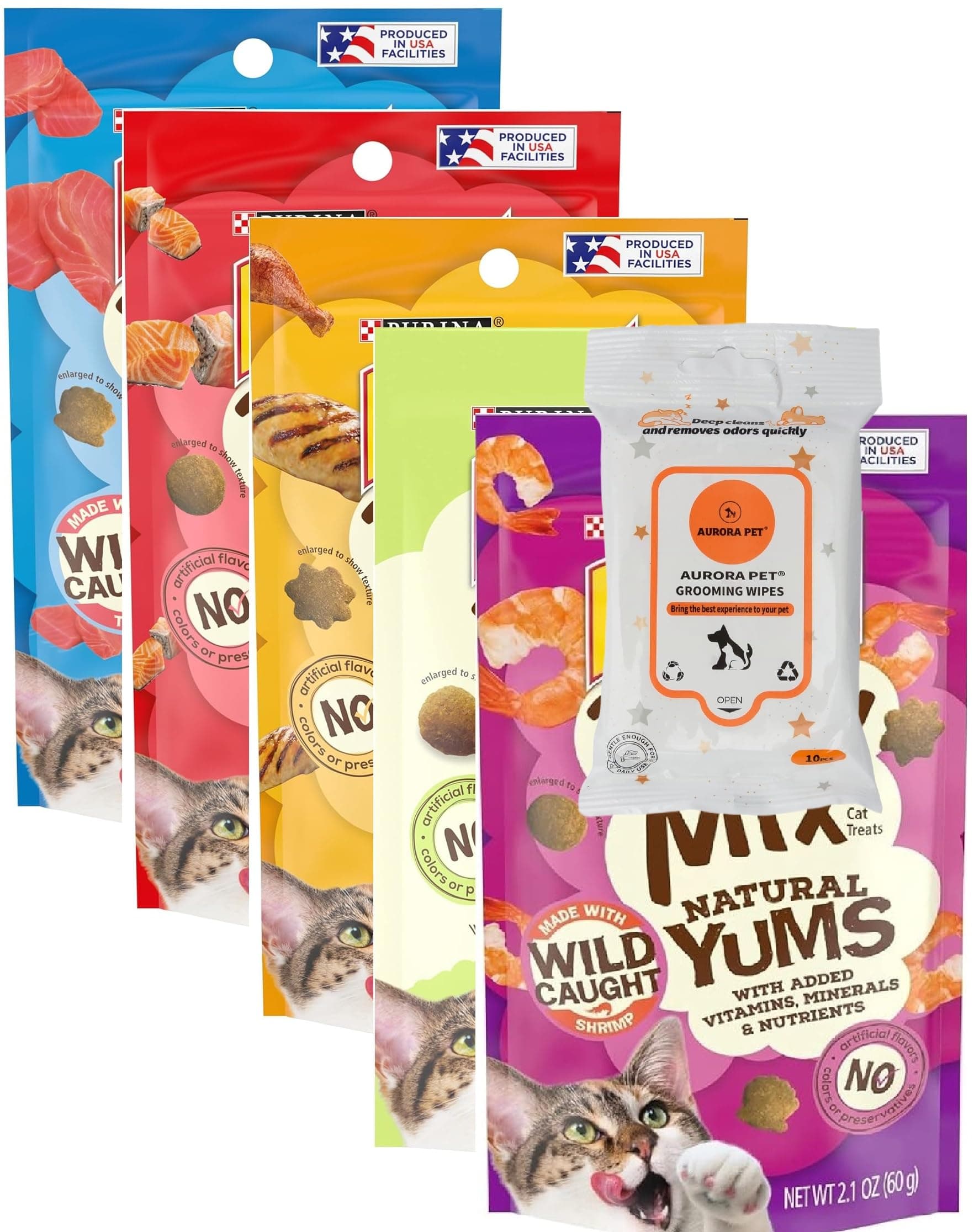 Aurora Pet Variety Pack (5) Natural YUMS Cat Treats (Salmon, Tuna, Chicken, Shrimp, Catnip) 2.1-oz Each with AuroraPet Wipes