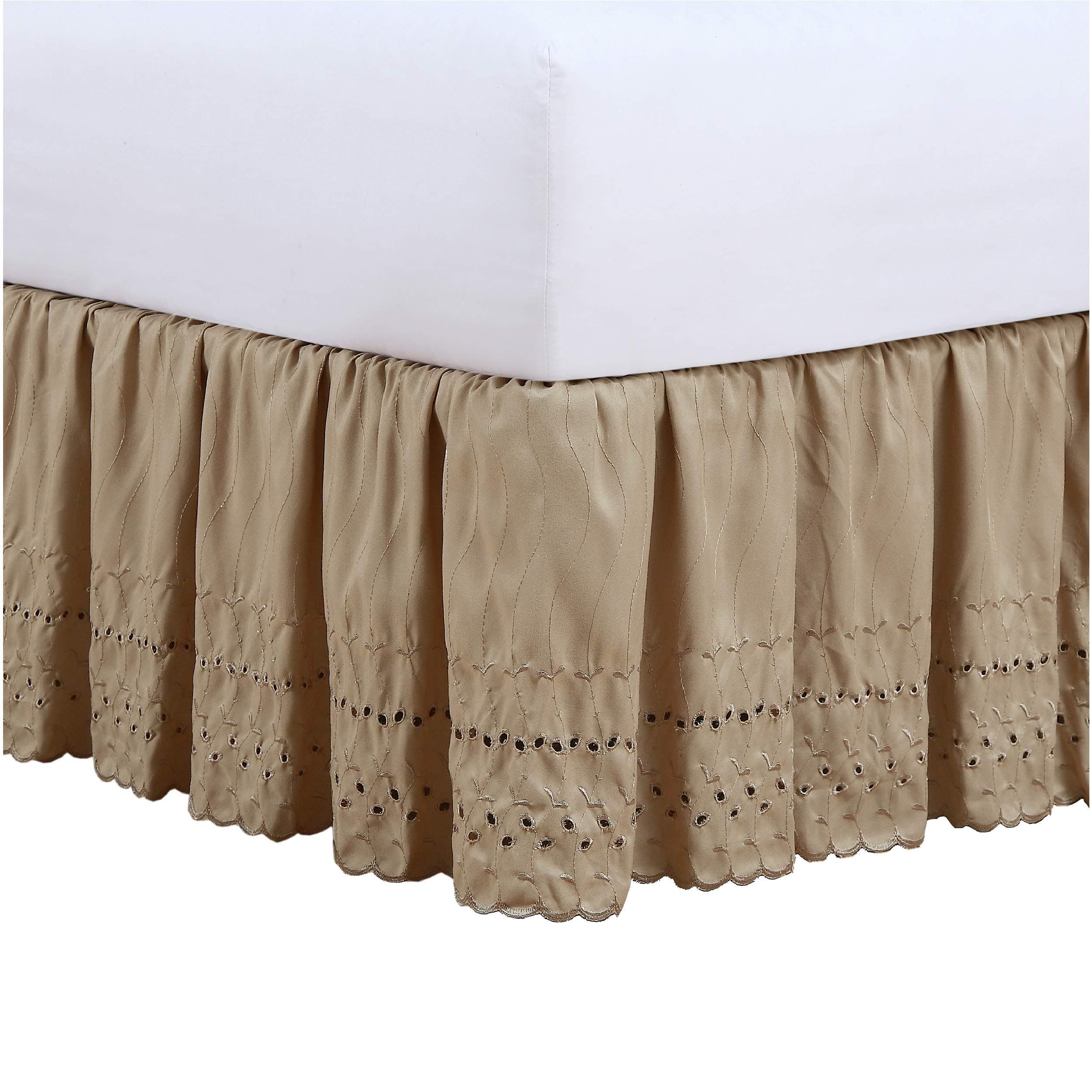 FRESH IDEAS Eyelet Bed Skirt Dust Ruffle Embroidered Details, Classic 14” Drop Length Gathered Styling, Queen, Mocha (Model: FRE30014MOCH03)