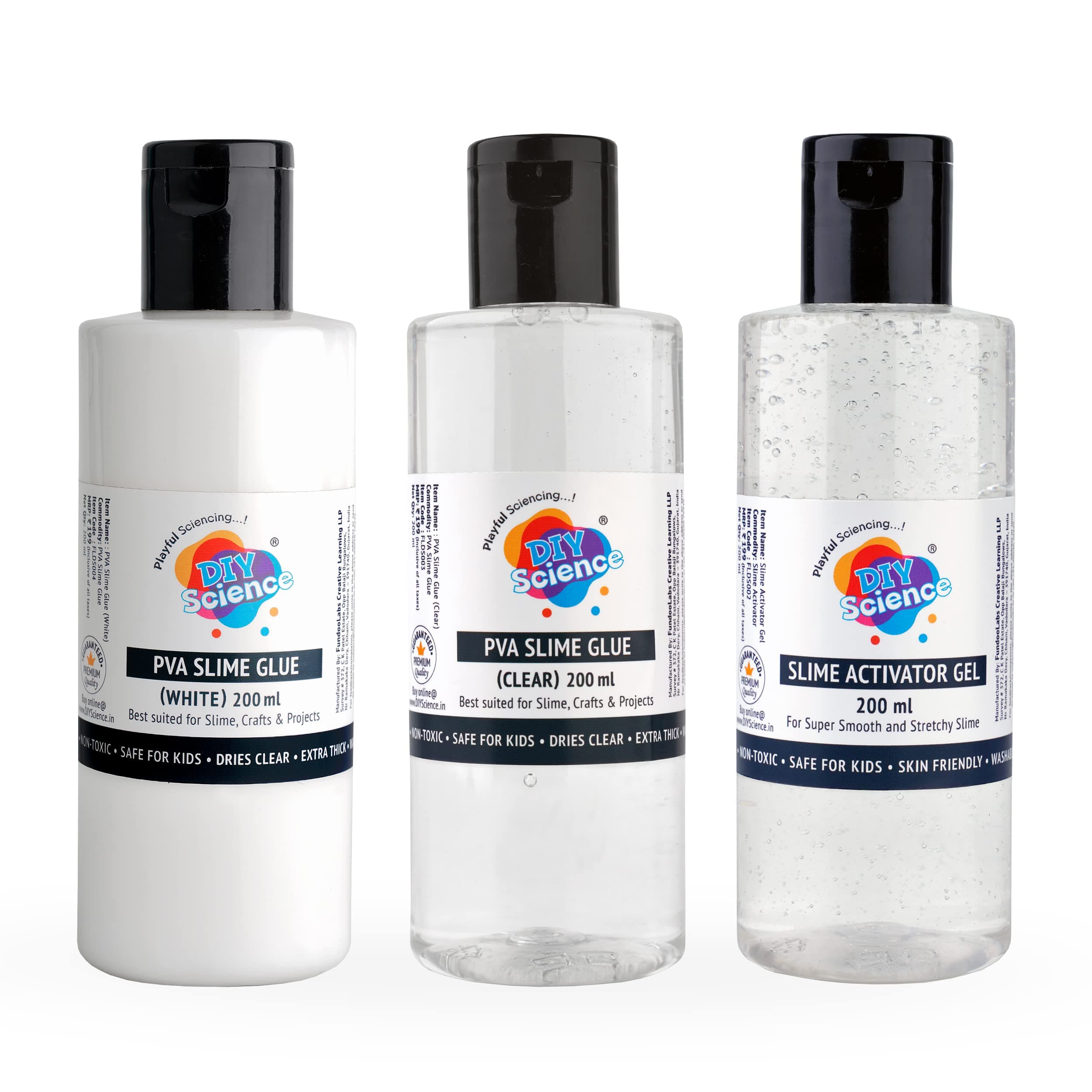 Premium PVA Slime Glue - Clear (200ml) + Premium PVA Slime Glue - White (200ml) + Premium Slime Activator Gel (200ml), Safe, Non-Toxic, and Skin Friendly