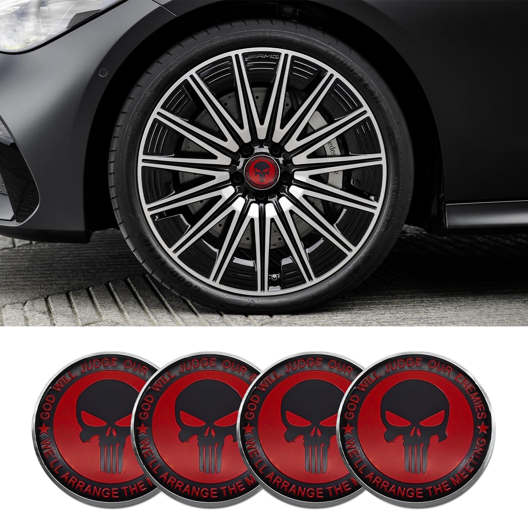 4PCS Car Wheel Center Hub Cover, Center Caps for Rims, Waterproof & Rustproof Automotive Accessories Decals, Universal Car Accessories Hub Caps Compatible with Cars (Red/Balck Skull)