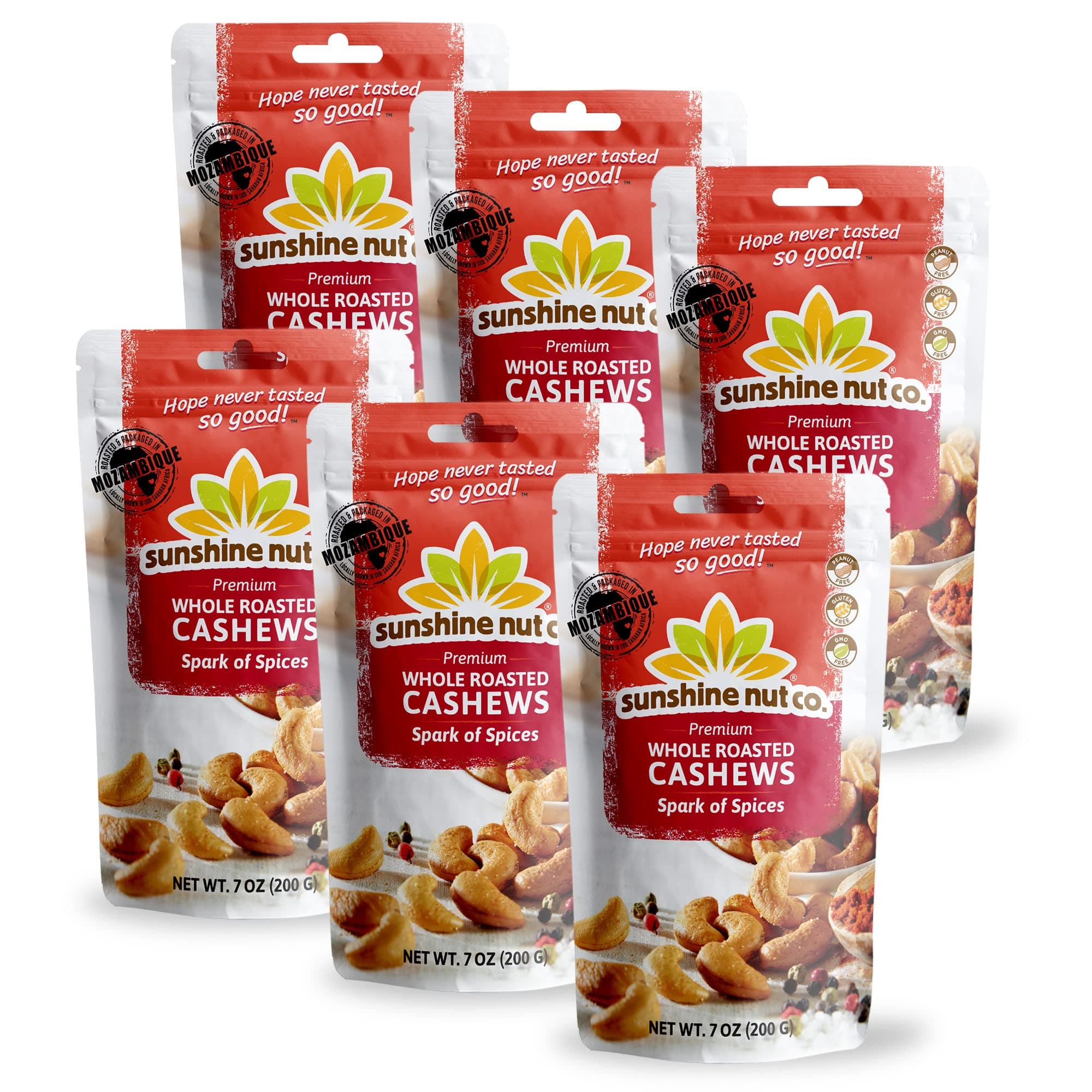 Sunshine Nut CompanyWhole Roasted Lightly Salted Cashews, Spark of Spices Flavor, 6 Pack, 7 oz. Each, Gluten Free, Peanut Free and Vegan Individual Snack Packs for Kids and Adults, GMO Free