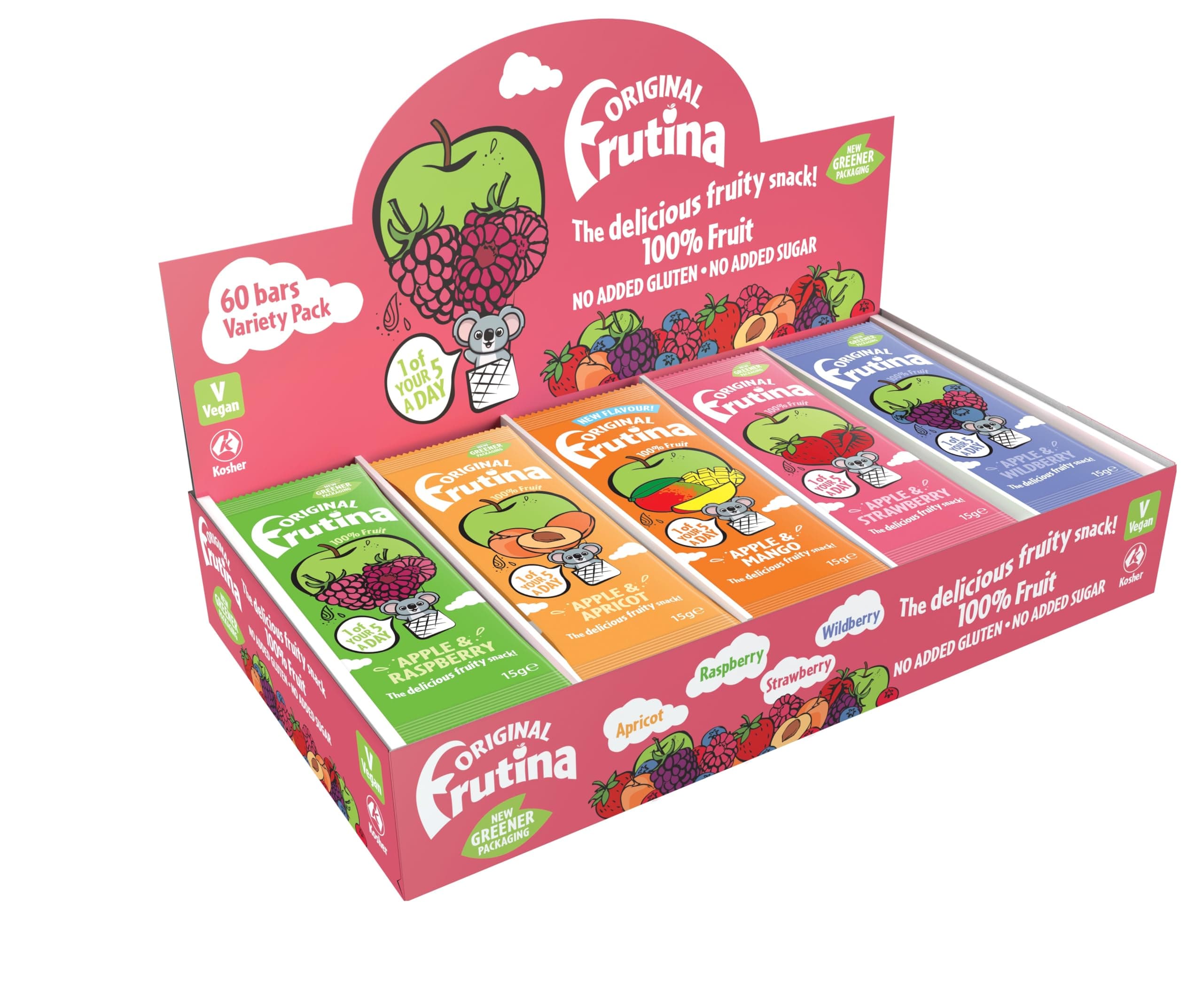 Frutina Variety Fruit Bars - 60 x 15G, Fruit Snacks - 100% Dried Fruit with No Added Sugar, No Preservatives and No Artificial Colours and Flavours - Delicious Pick-Me-Up Snacks for Kids and Adults