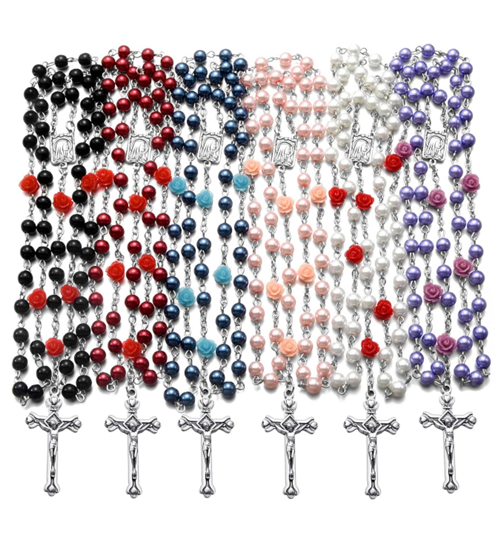 Rosary Beads Catholic Bulk for Women Men, Rose Our Father Beads with Jesus Christ Crucifix Cross First Communion Confirmation Gifts-6 Packs