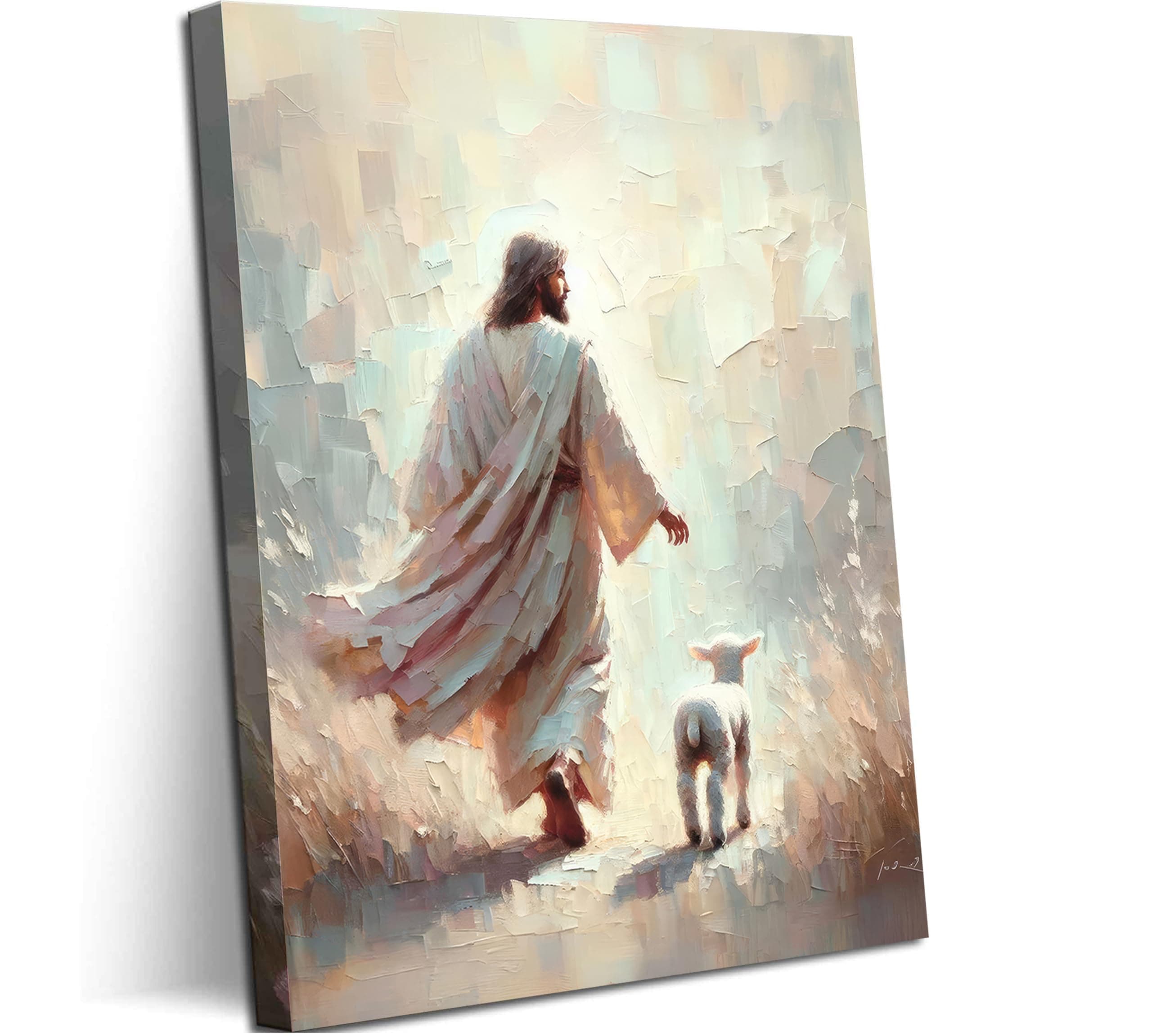 Jesus Leaving 99 Sheep Canvas Wall Art Christian Jesus God Savior Wall Decor Pictures Jesus and Lamb Poster Prints God Faith Artwork for Living Room Bedroom Prayer Room Church Home Decoration Framed