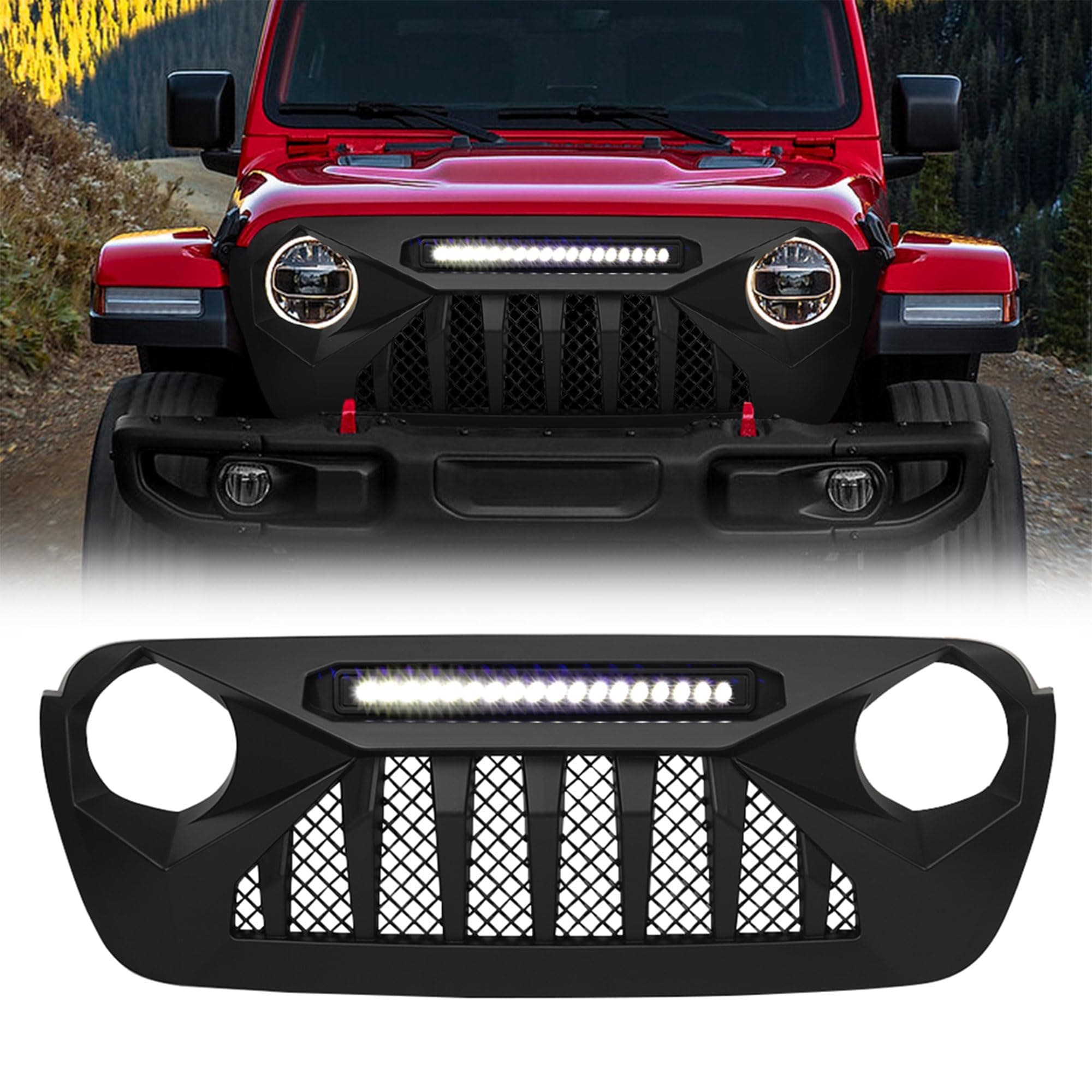 AMERICAN MODIFIED Demon Grille with LED Off Road Lights Compatible with 2018 to 2021 Wrangler JL and Gladiator JT without Trailcam, Matte Black