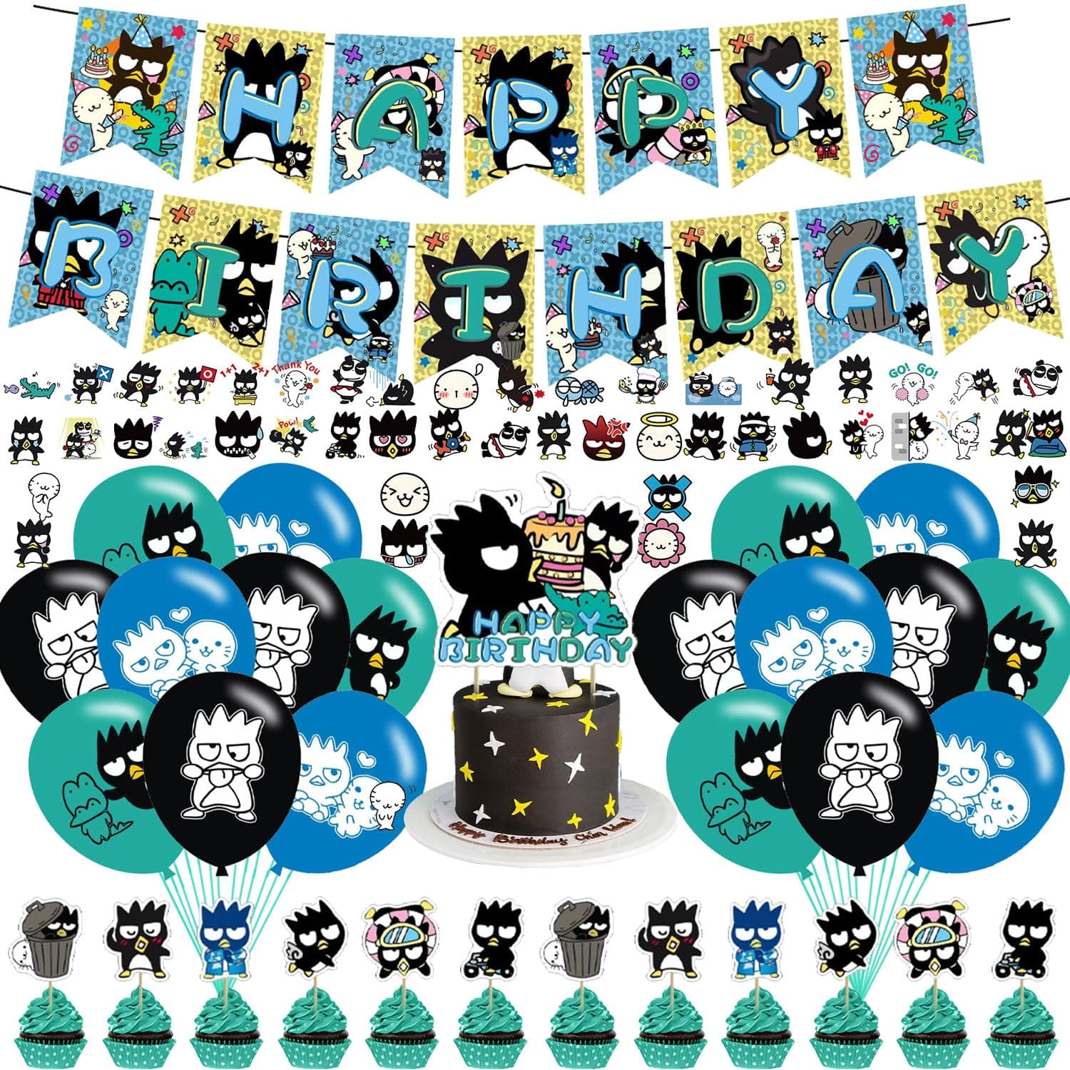Badtz Maru Birthday Party Supplies, Badtz Maru Manga Boys and girls Party Decorations with Happy Birthday Banner Cake Topper Cupcake Toppers Balloons Stickers for Badtz Maru Themed Party Decortions