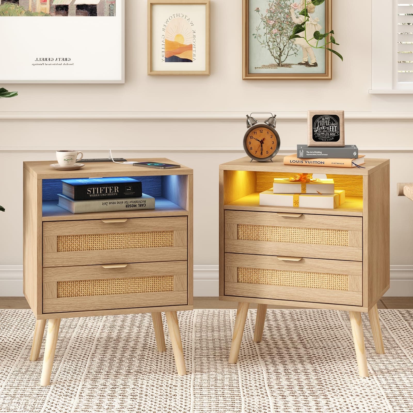 Real Rattan Nightstands Set of 2 with Charging Station and Led Lights, End Tables with 2 Drawers and Solid Wood Legs, Bedside Table Side Table, Boho Night Stand Set 2 for Bedroom (2 Pack)