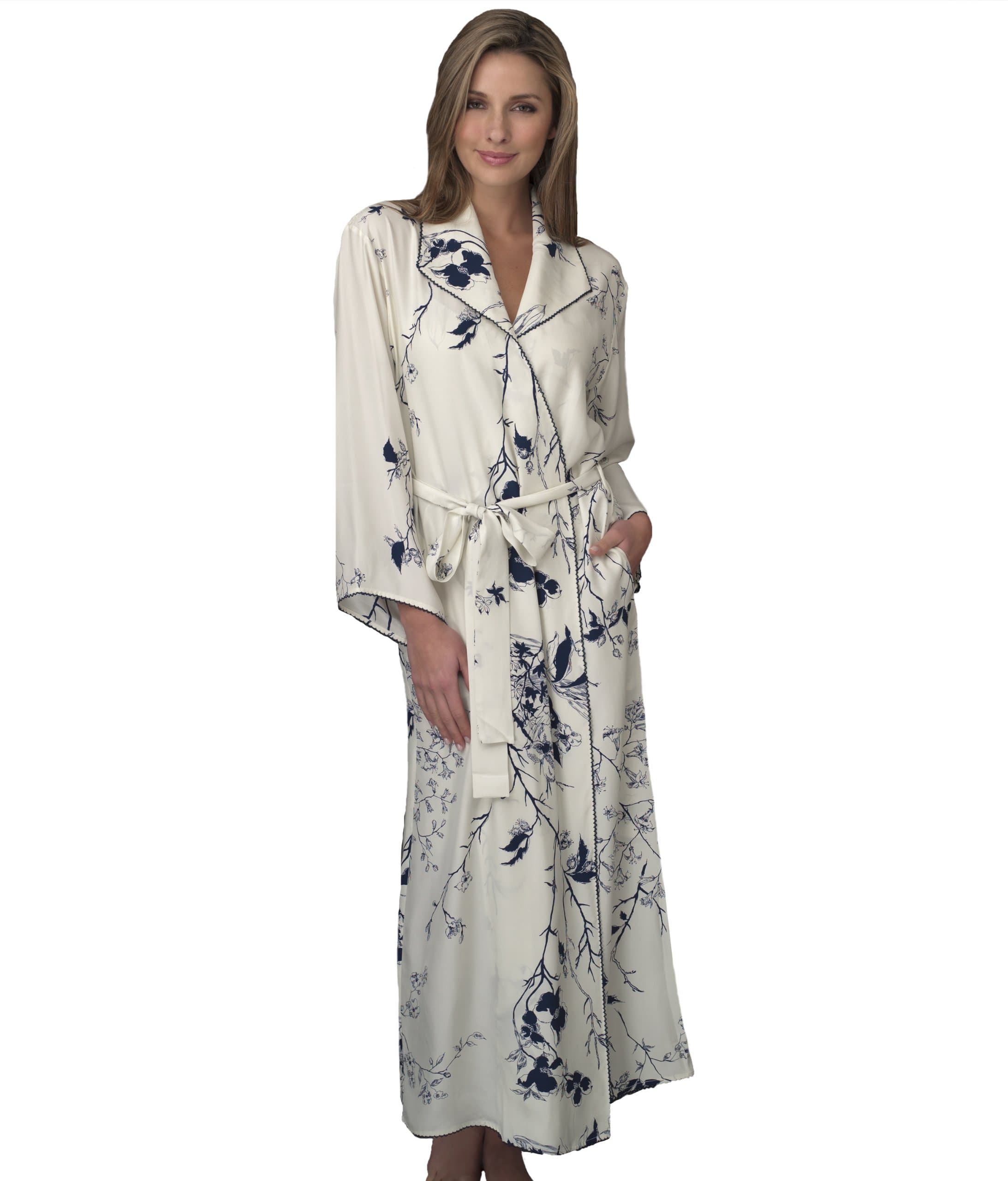 Julianna Rae Women's Silk Robe, Embroidered Trim, Bell Sleeves, On-Seam Pockets, Lingerie, Beautiful Gift Packaging