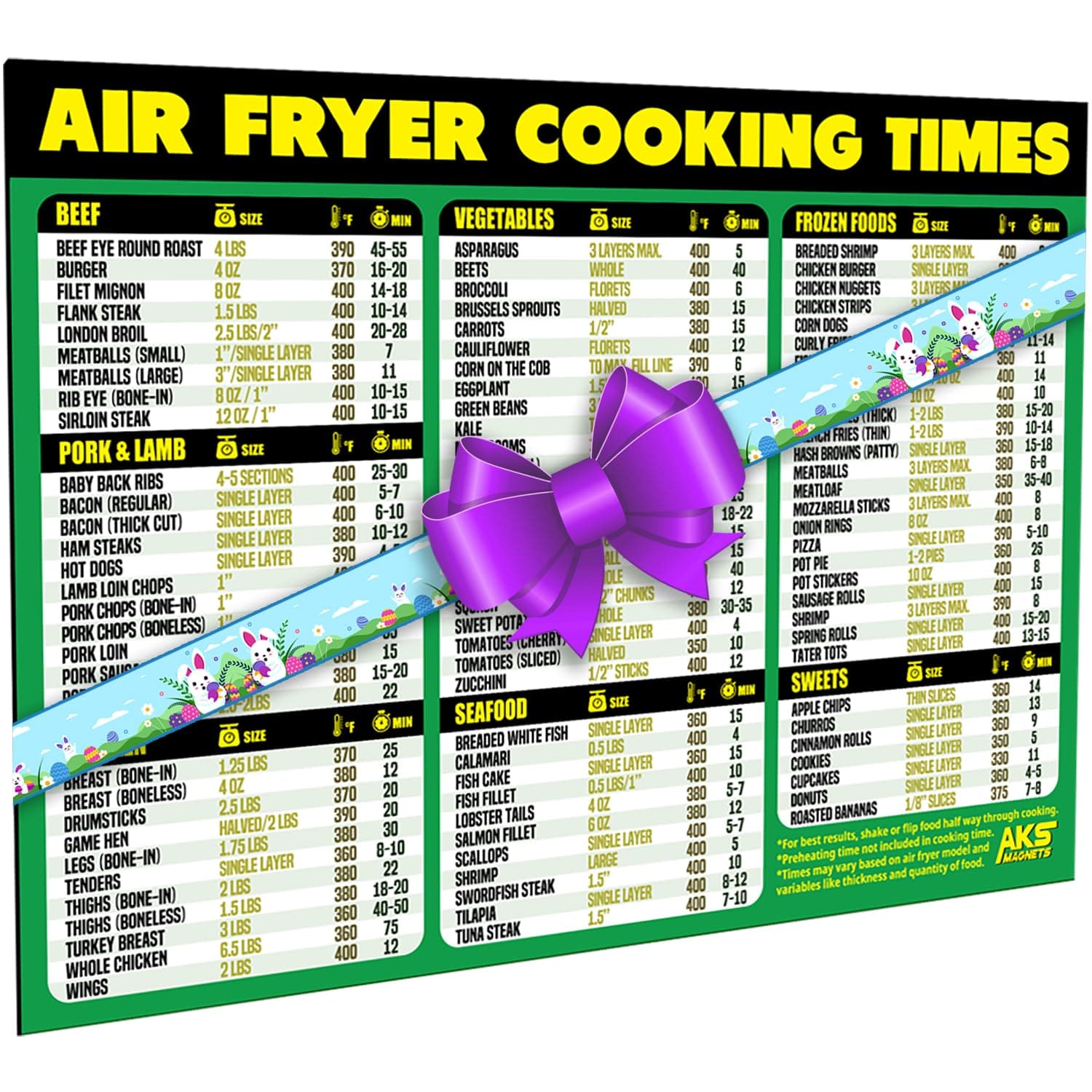 Air Fryer Cooking Times Magnetic Cheat Sheet - Extra Large Easy to Read 11” x 8.5” Airfryer Kitchen Accessory - Quick Reference Guide Magnet for Over 90 Popular Airfry Foods - Cook Healthy Meals Fast