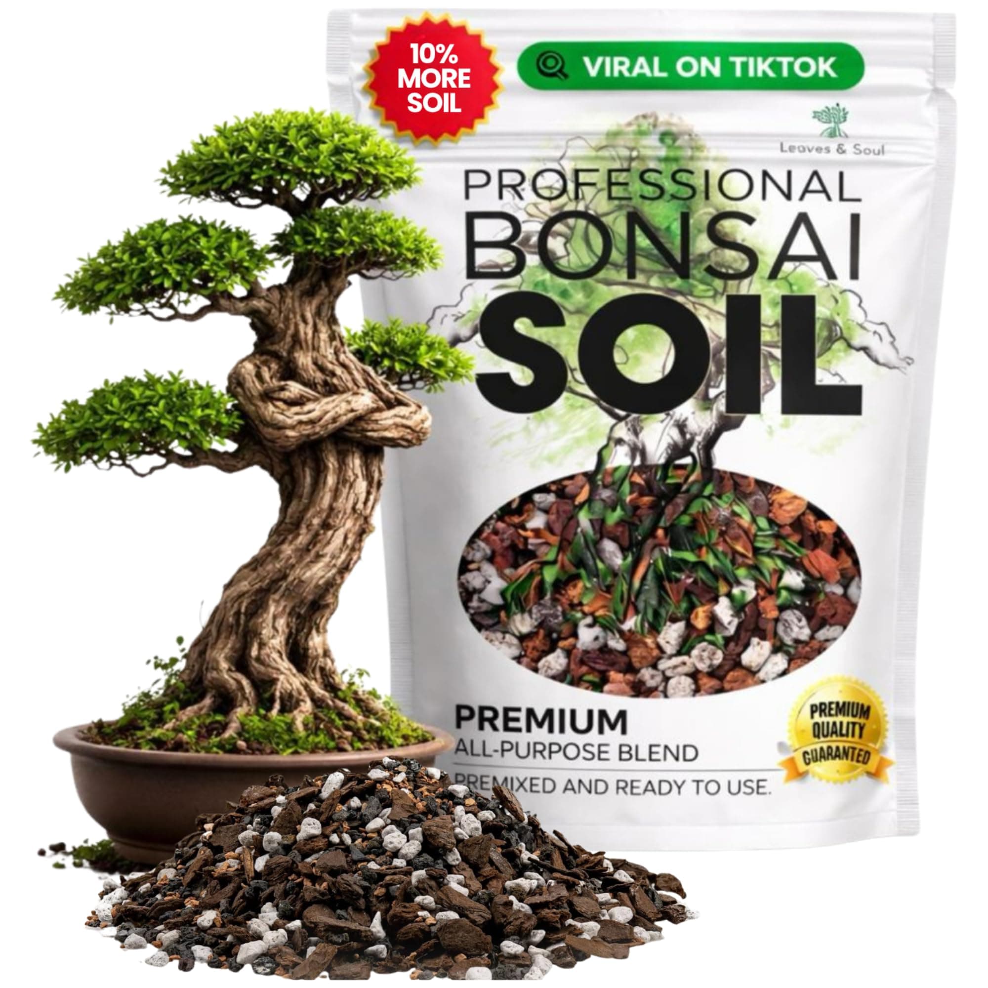 Leaves and Soul Bonsai Premium All Purpose Blend | Pre-Mixed Ready to Use for Fast Drainage | Large 2.2 Quarts | Lava, Limestone Pearock, Calcined Clay Pinebark | Made in USA