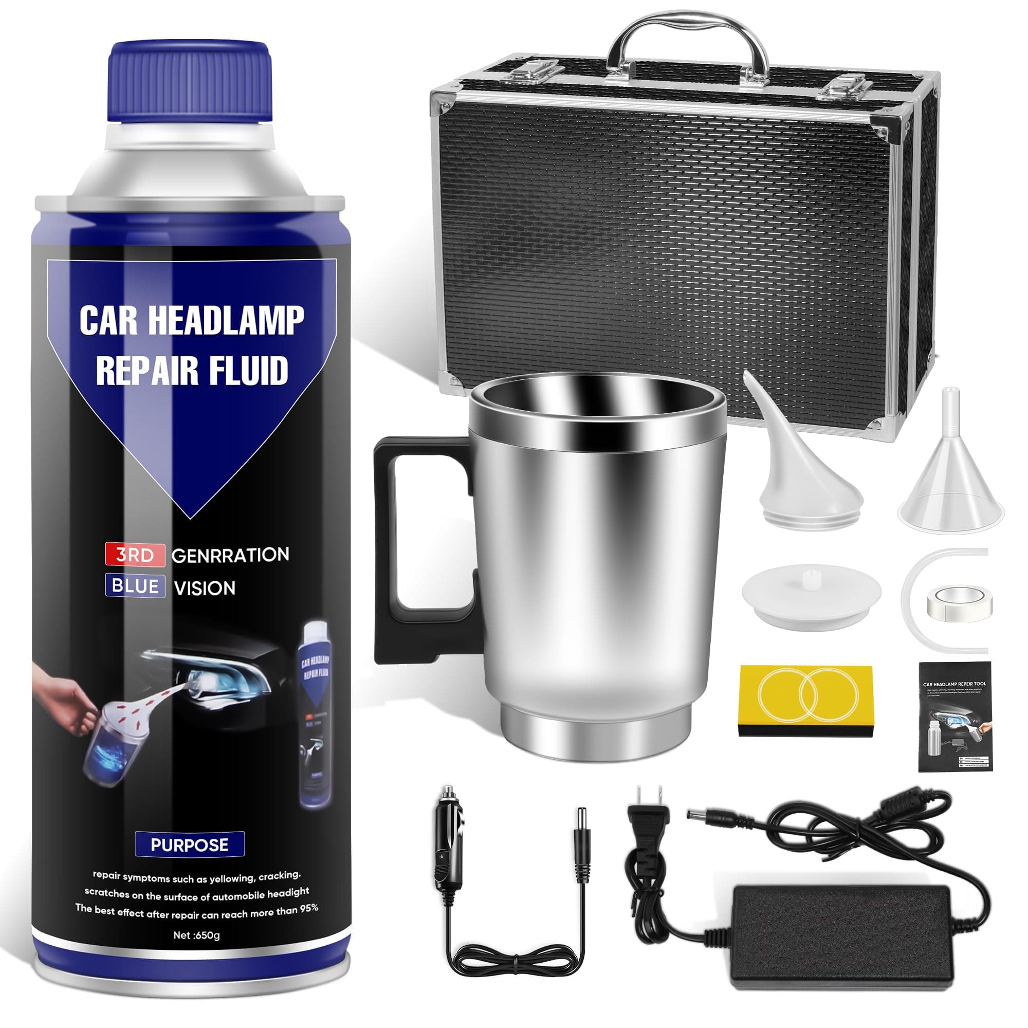 Headlight Restoration Kit, Car Headlight Polish Repair Renovation Kit, Vapor Headlight Repair Tool, 650ml Repair Liquid with UV Block Coat to Removes Yellowing, Haze, Scratches, Oxidation