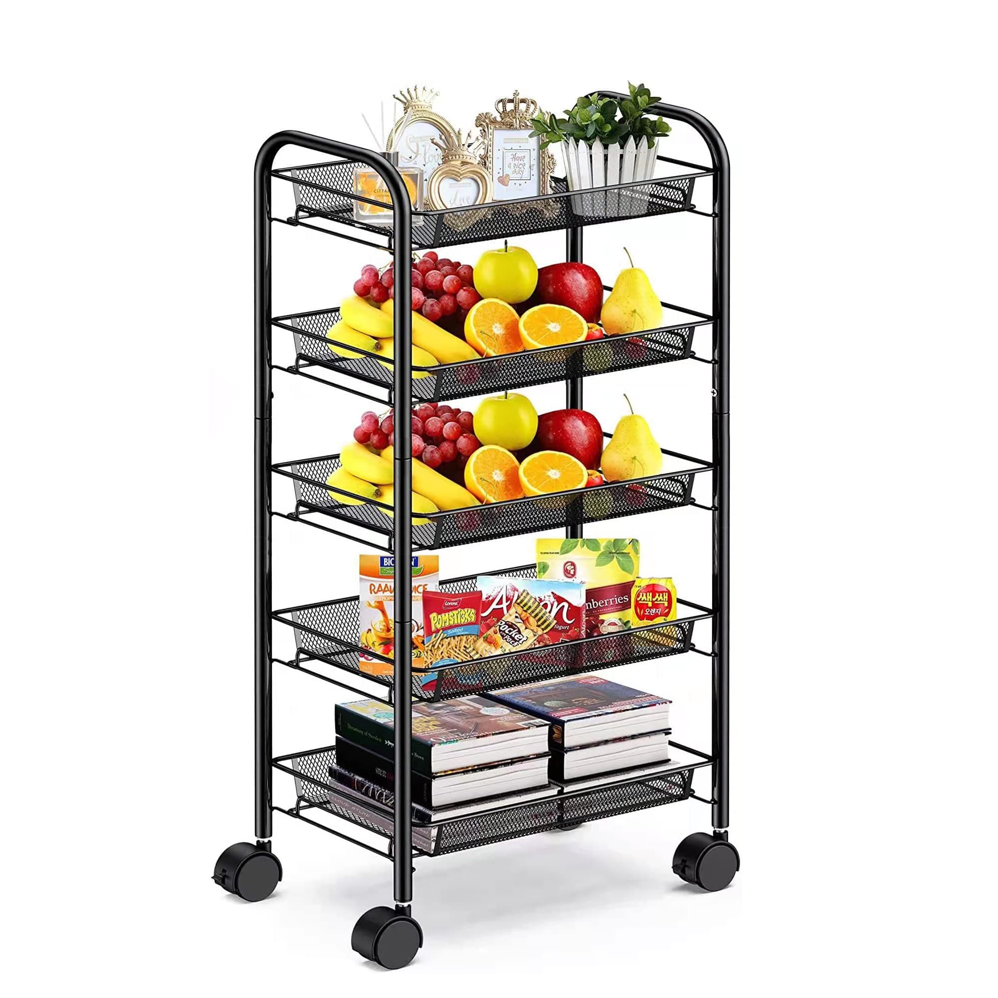 RoyalPolar Mesh Wire Rolling Utility Cart Multifunction Metal Organization with Lockable Wheels Kitchen Rolling Utility Trolley Storage Cart (5-Tier)