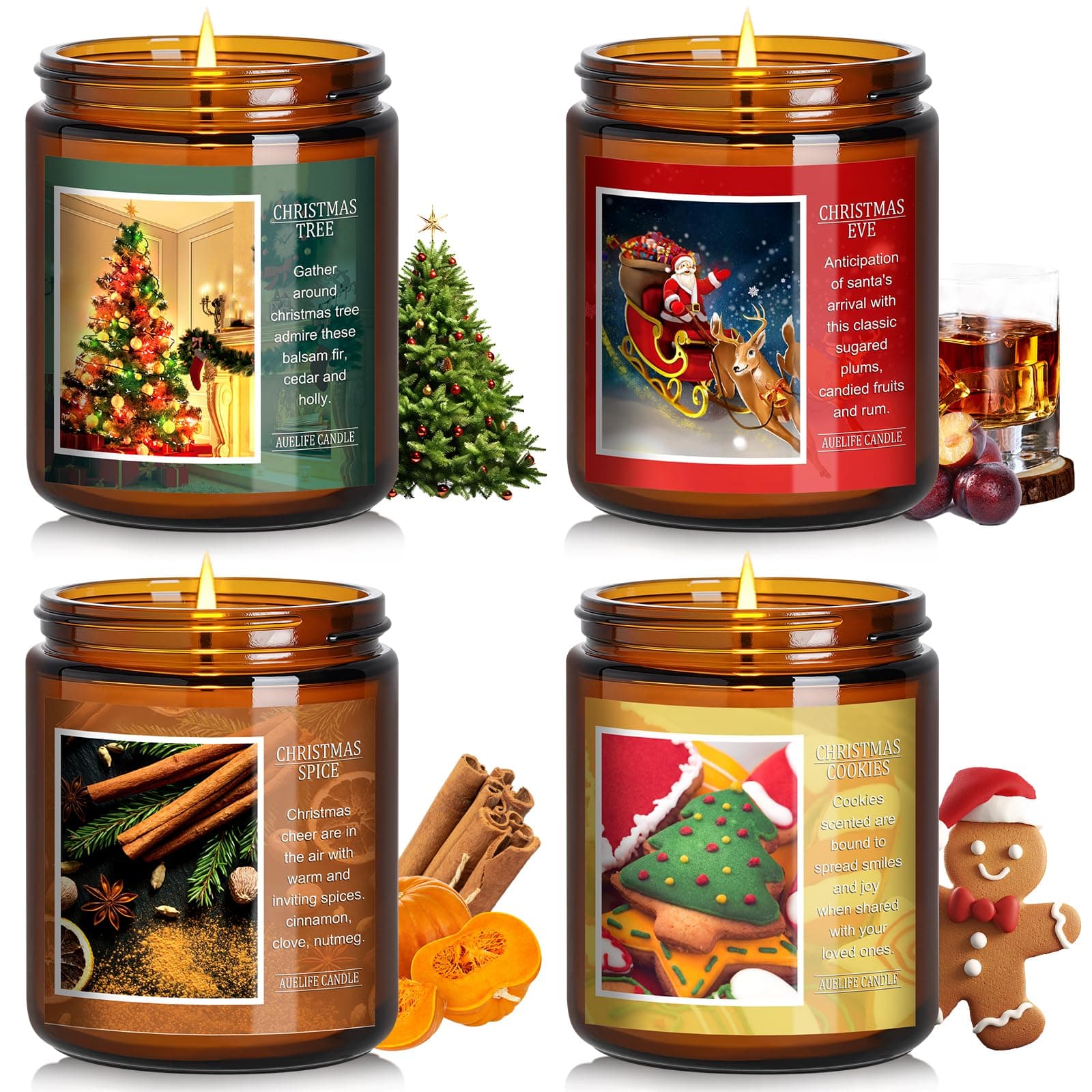Christmas Candle Set | 4Pack Scented Candles Holiday Candle Gifts - Soy Candles Home Scented, Xmas Gift for Women and Men - Scents of Christmas Tree/Spice/Cookies/EVE