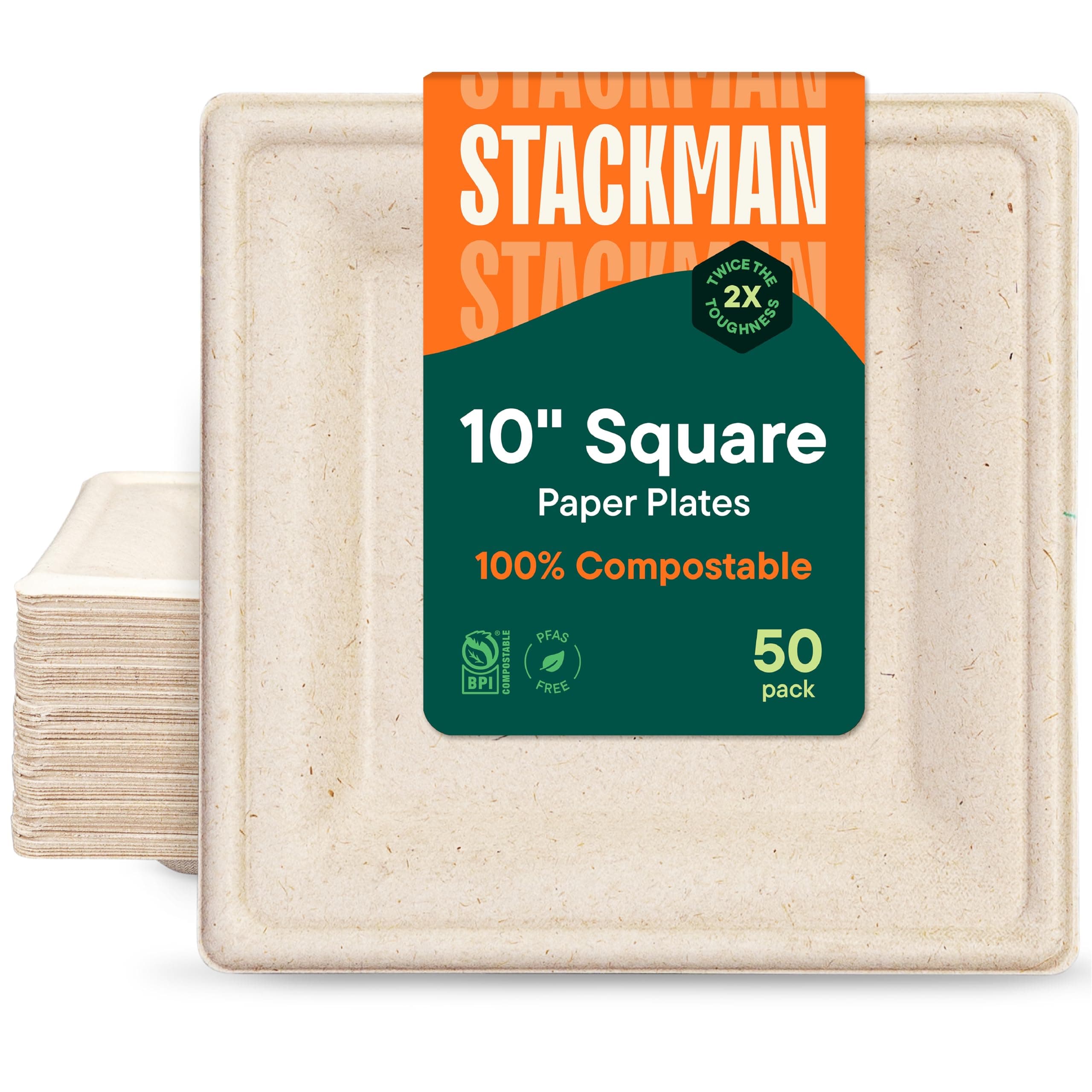 100% Compostable Square Paper Plates [50-Pack] - {PFAS-Free} - {BPI Certified} - [10 Inch] Heavy Duty, Eco-Friendly, Biodegradable Bagasse Dinner Plates - Natural Brown 10" Plate by Stack Man